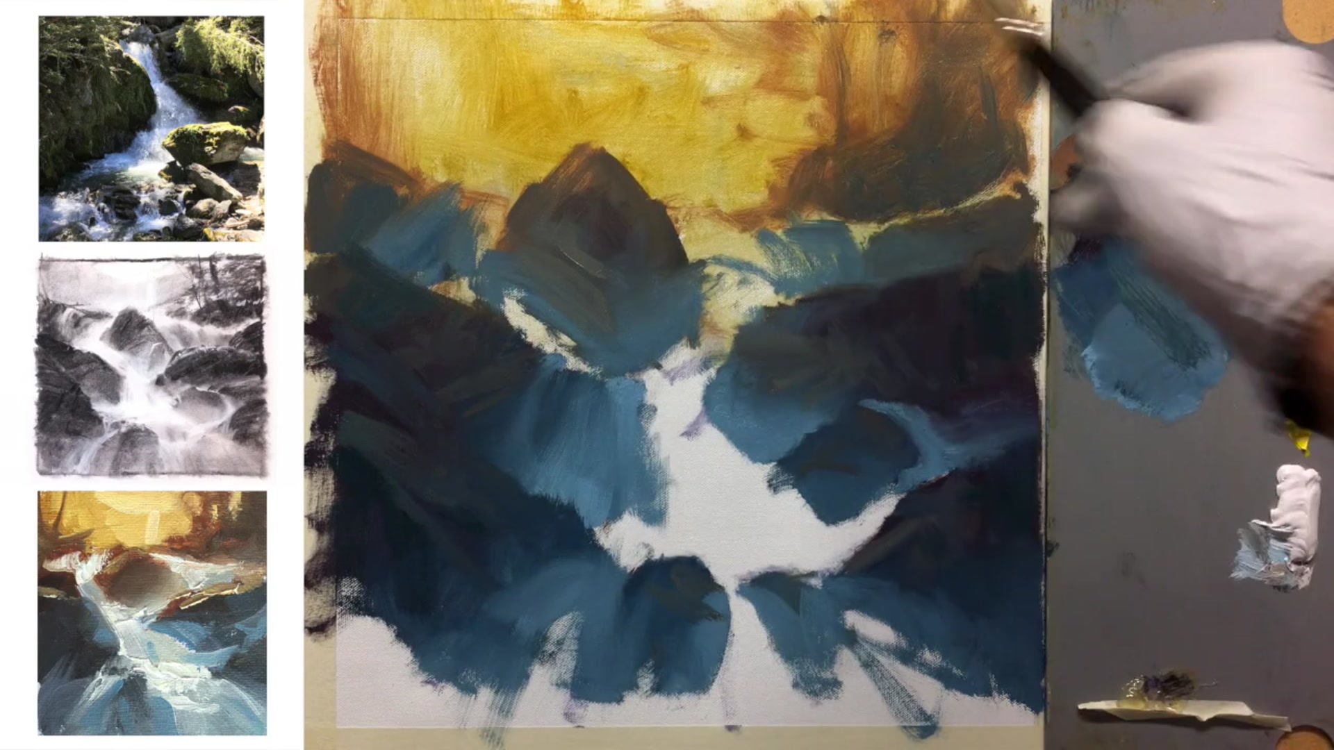 Step 14 — Background and Waterfall Details (video frame from the lesson)