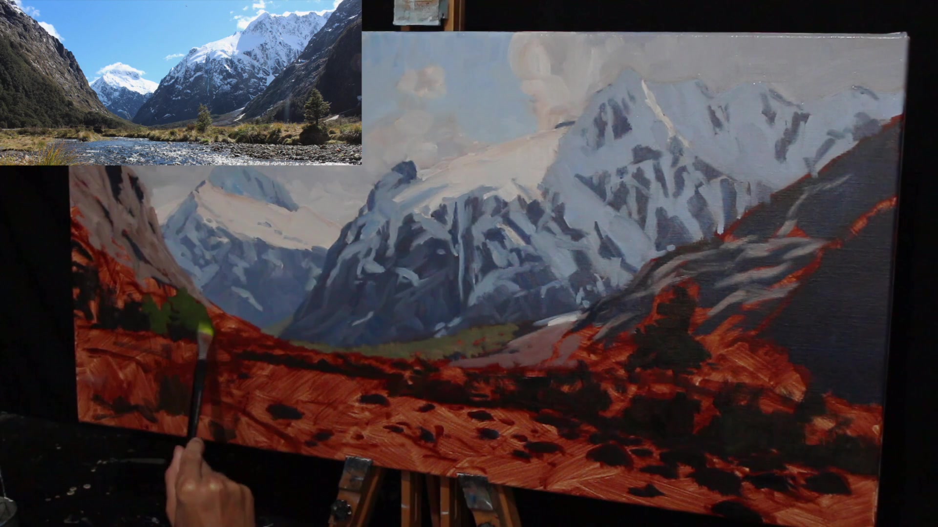 Step 17 — Foreground Greens and Grass (video frame from the lesson)