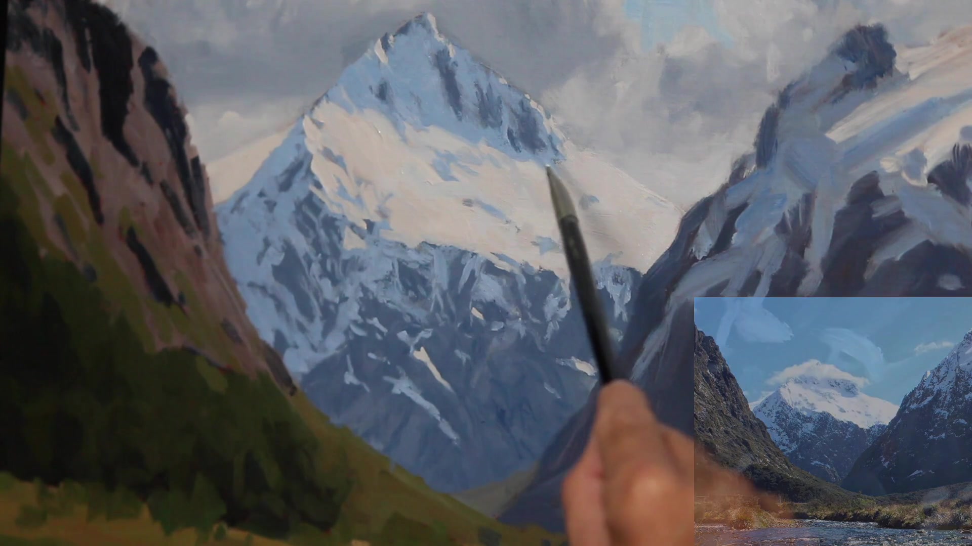 Step 25 — Snow and Mountain Details (video frame from the lesson)