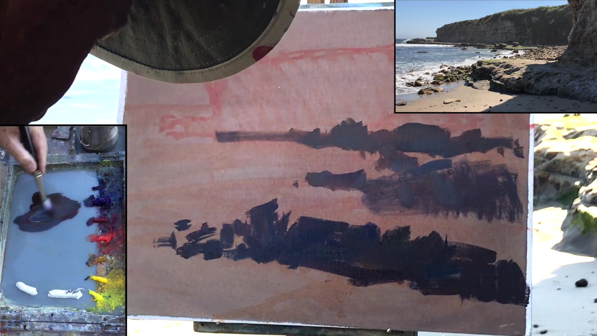 Step 4 — Background headland and sky comparison (video frame from the lesson)
