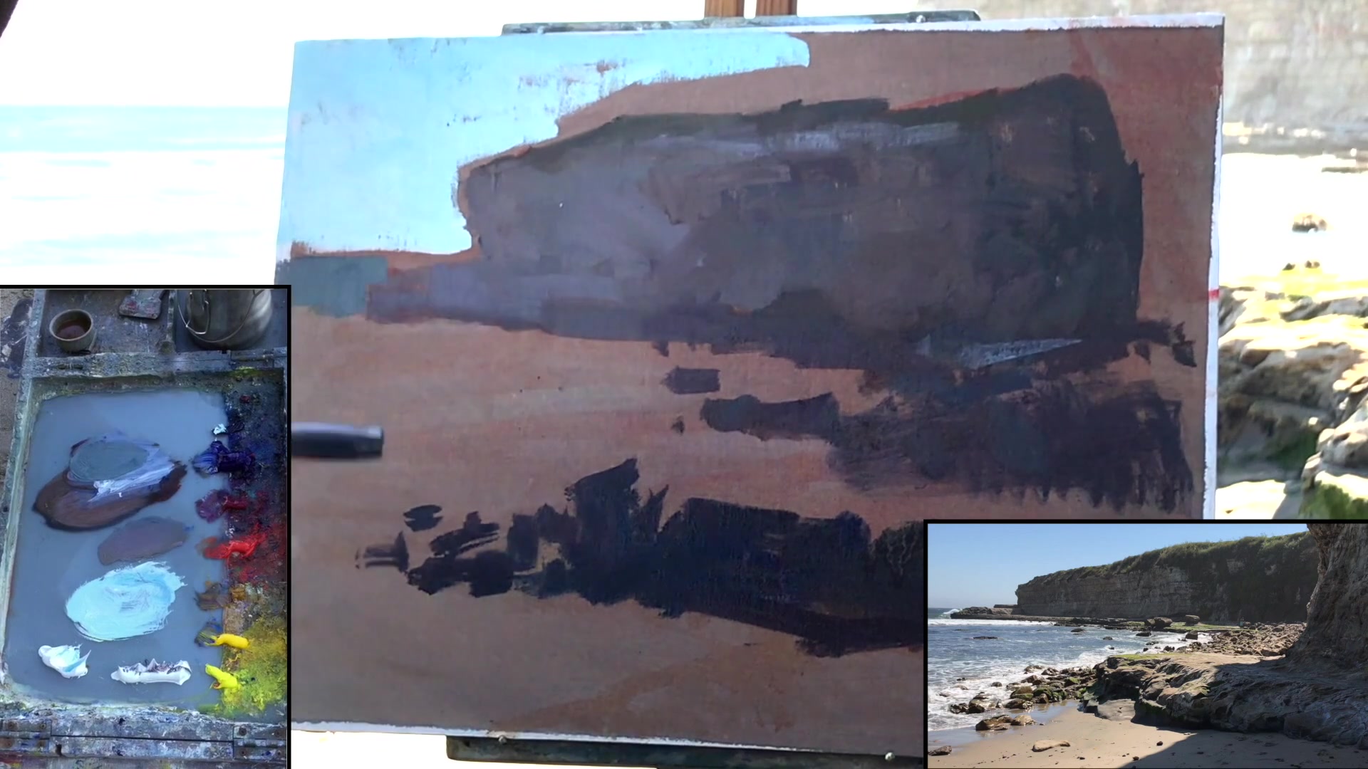 Step 7 — Ocean and sand color application (video frame from the lesson)