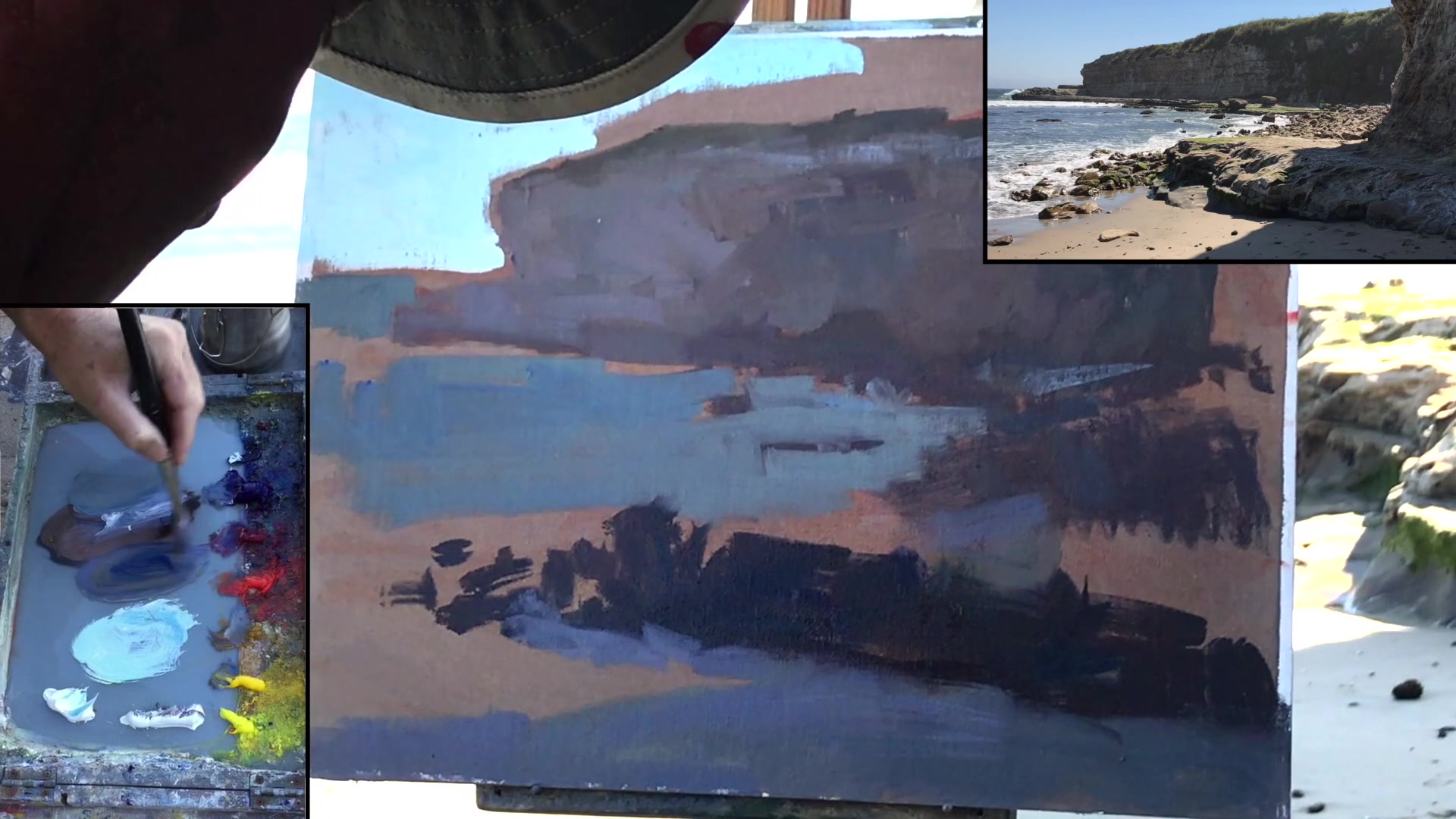 Step 8 — Foreground rock and light definition (video frame from the lesson)
