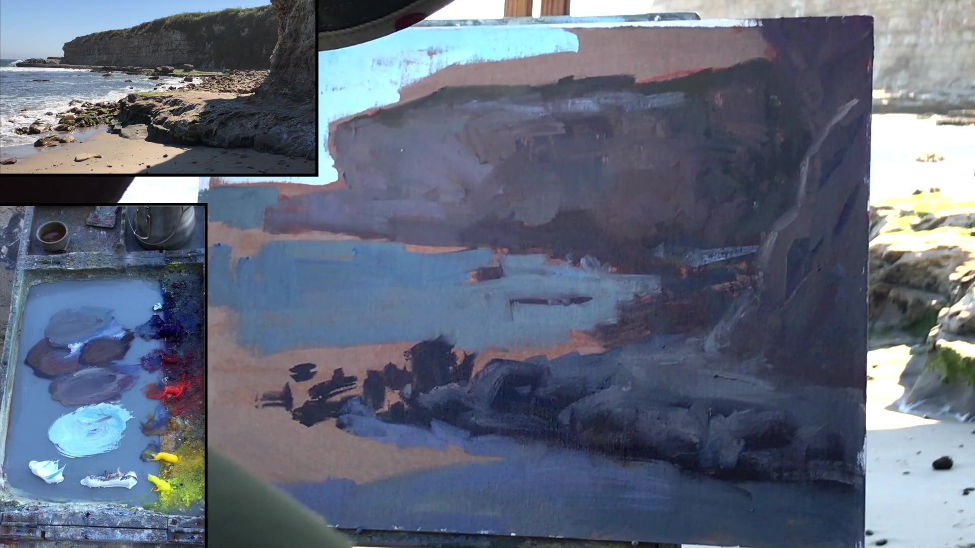 Step 9 — Foreground foam and wave details (video frame from the lesson)