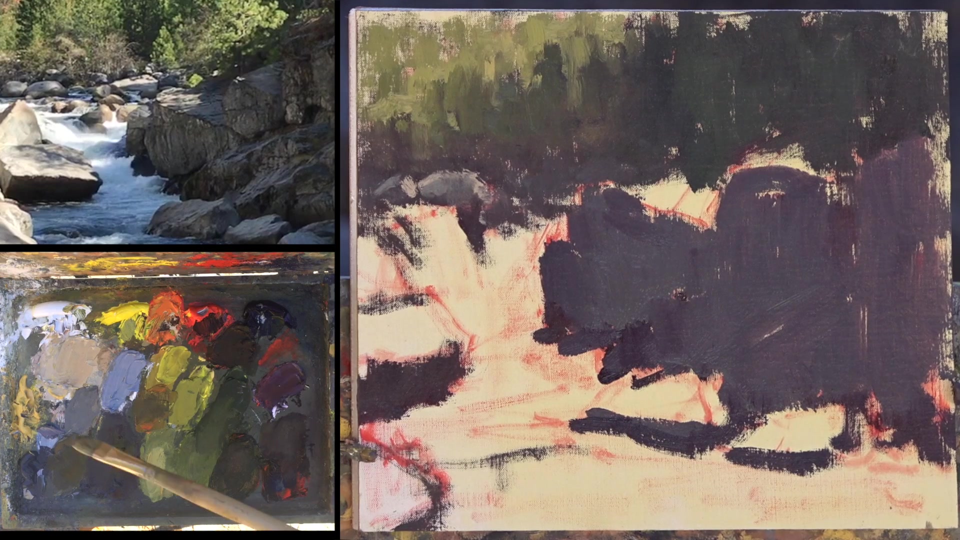 Step 24 — Painting Water and Rocks (video frame from the lesson)