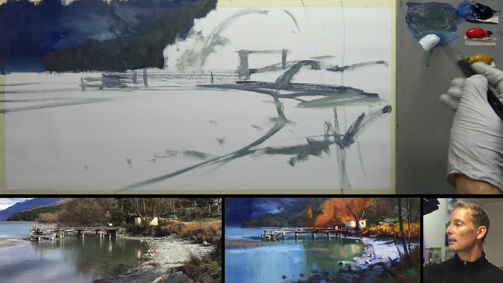 Step 4 — Painting the water and reflections (video frame from the lesson)