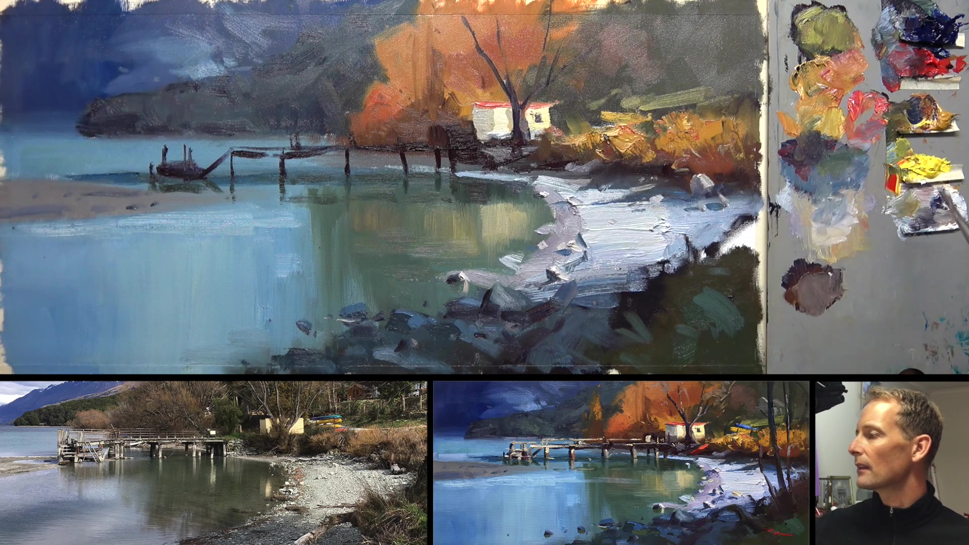 Step 15 — Foreground trees and balance (video frame from the lesson)