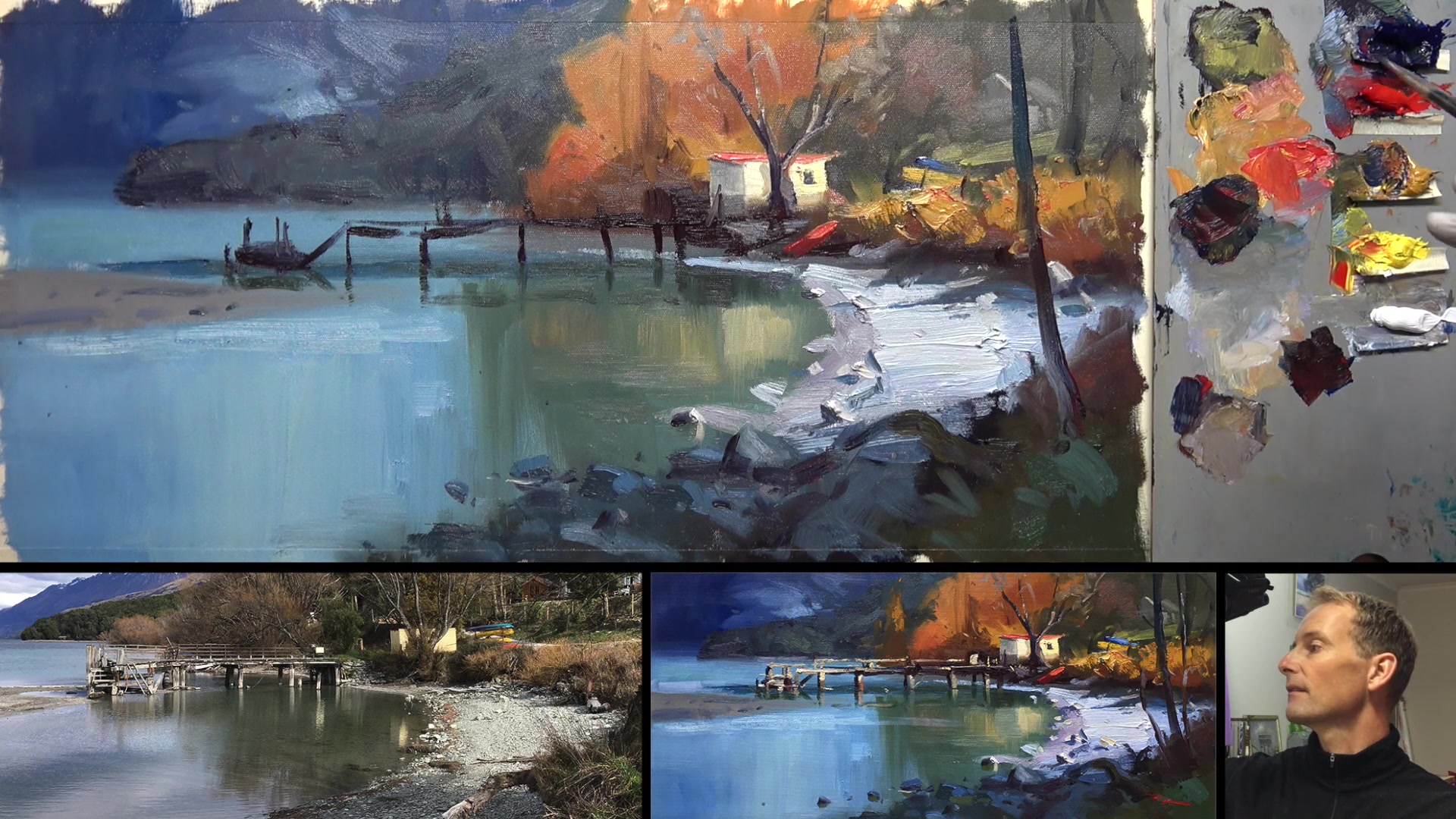 Step 16 — Dock lights and reflections (video frame from the lesson)