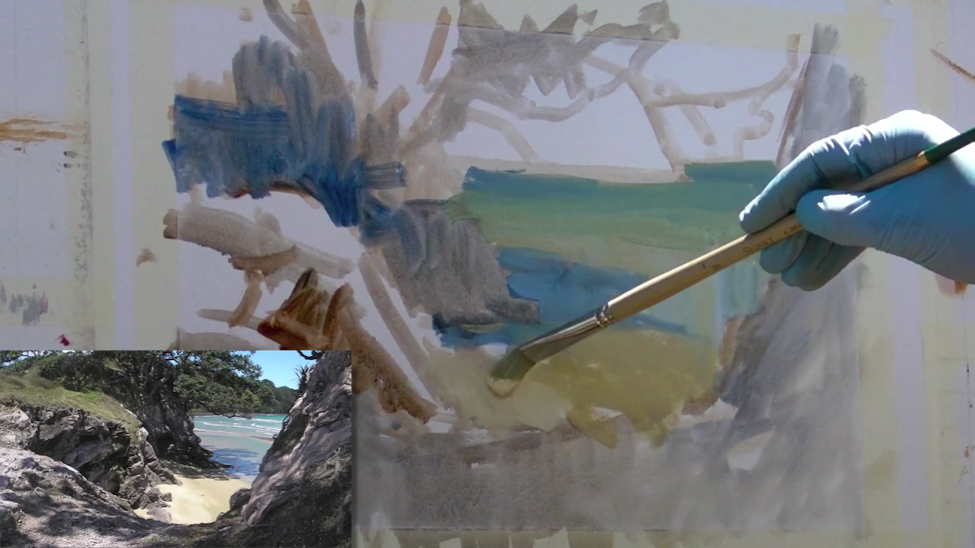 Step 2 — Painting the Water and Beach (video frame from the lesson)