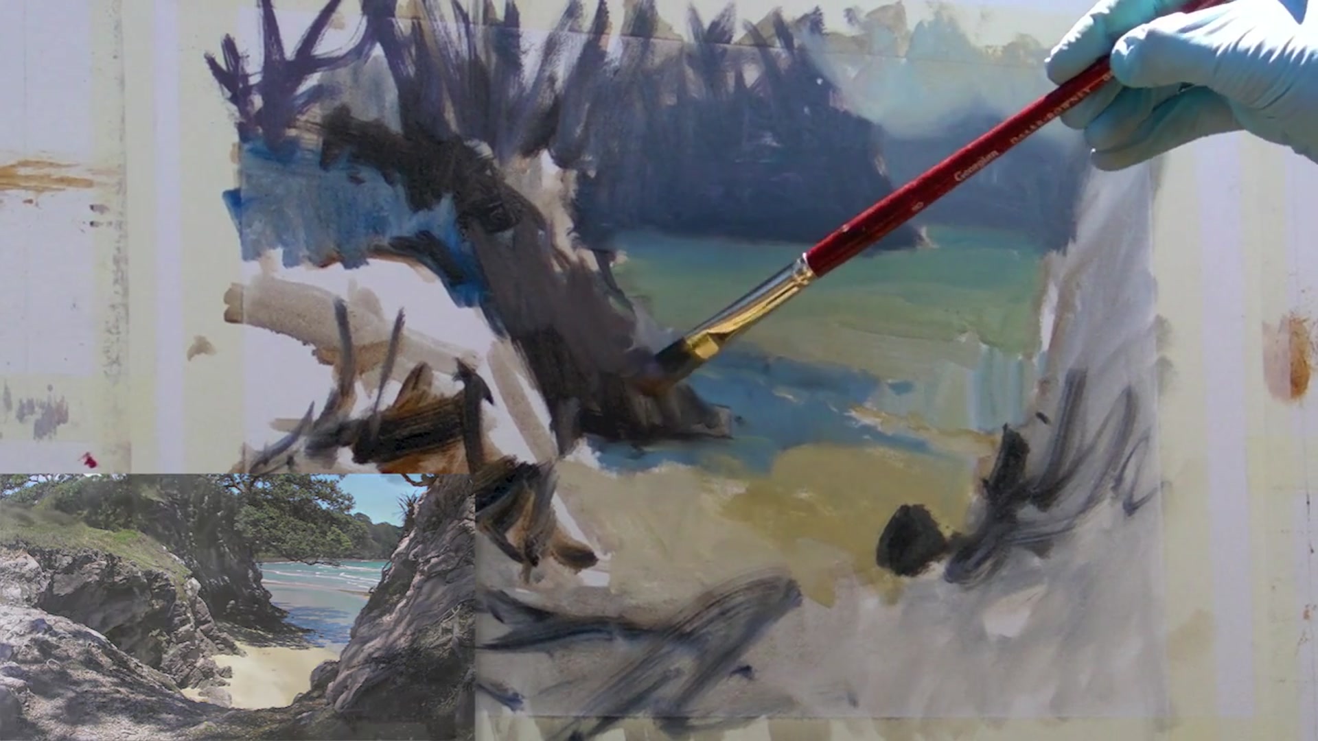 Step 5 — Mixing Colors and Covering Canvas (video frame from the lesson)