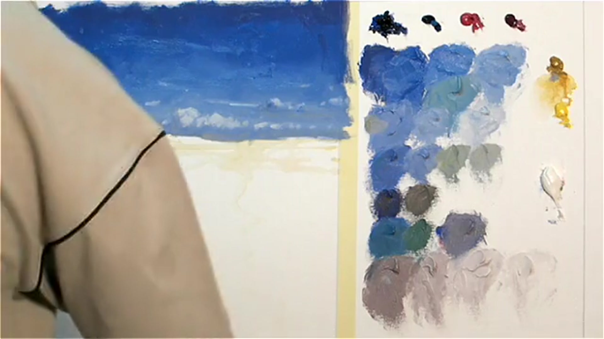 Step 12 — Painting the Distant Hills (video frame from the lesson)