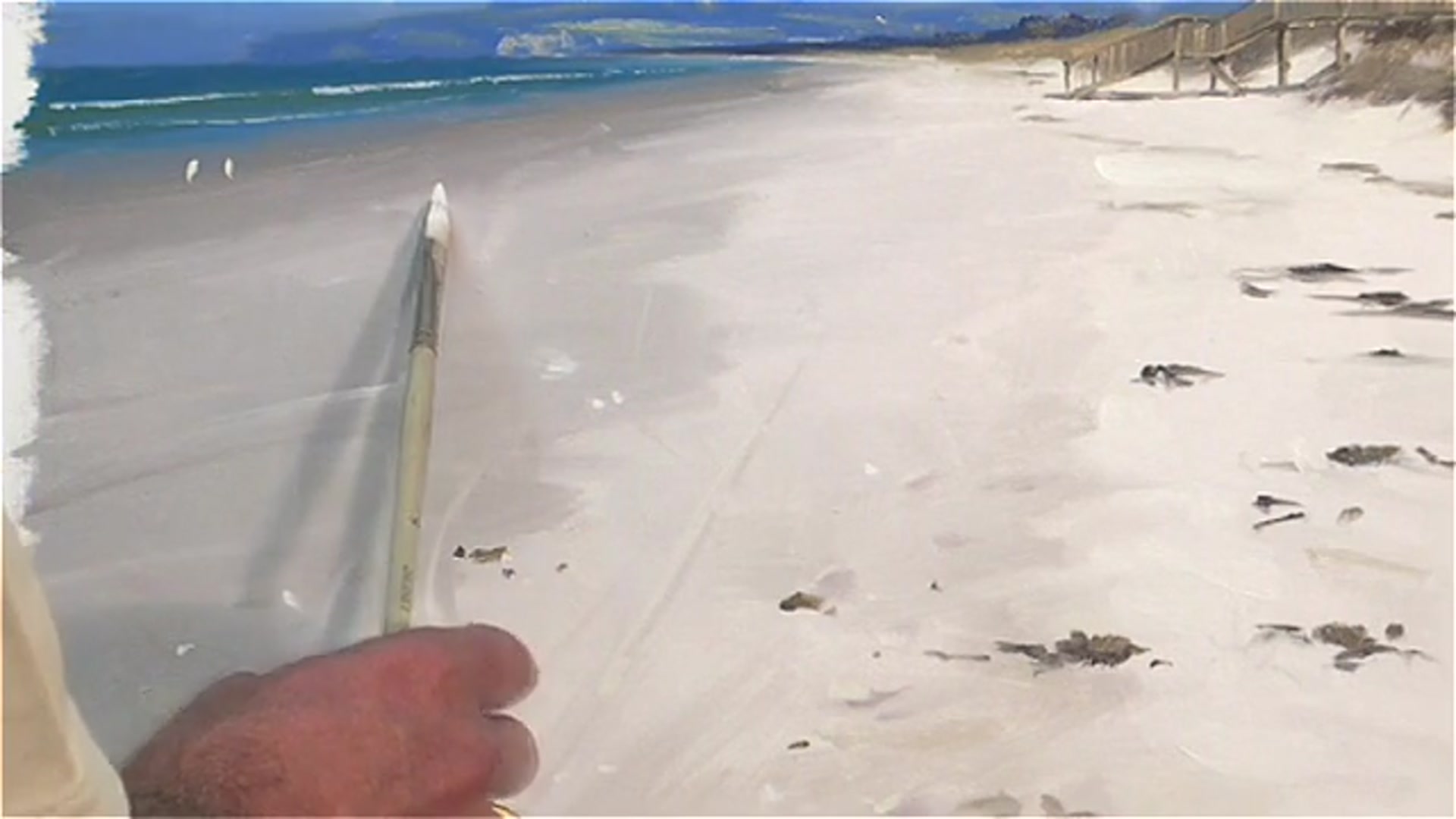 Step 19 — Painting Seagulls with Brush Techniques (video frame from the lesson)