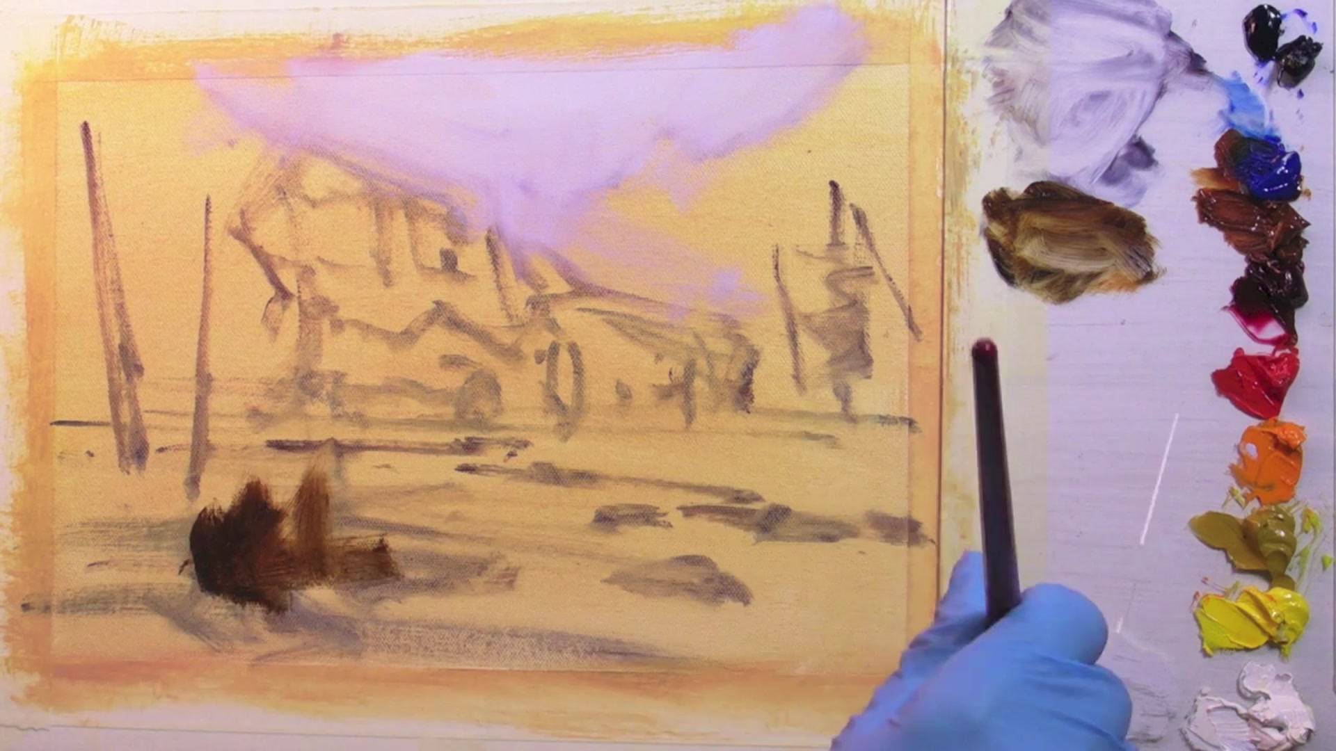 Step 7 — Blocking in Trees and Riverbed (video frame from the lesson)
