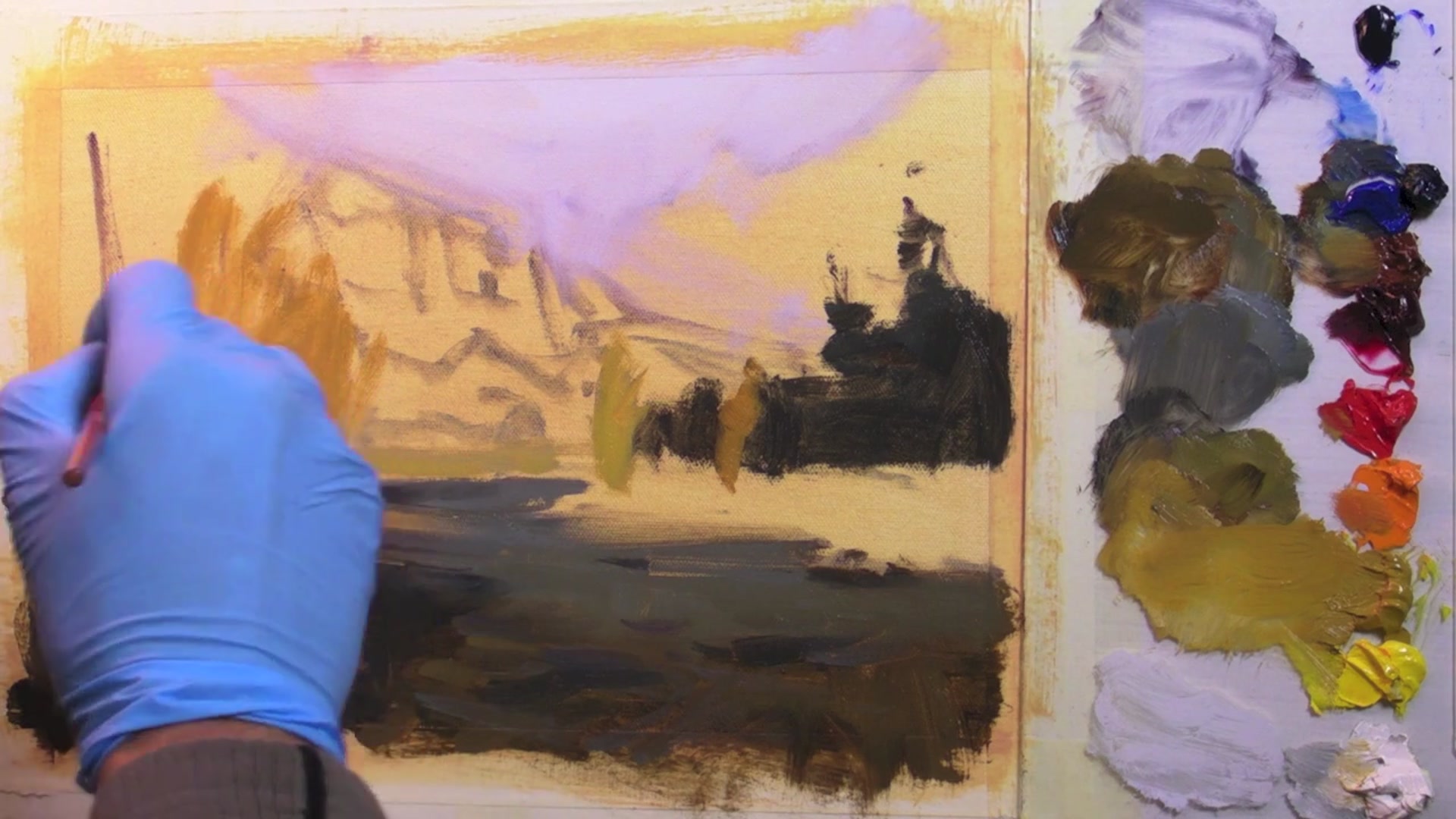 Step 10 — Initial Block Ins and Painting Medium (video frame from the lesson)