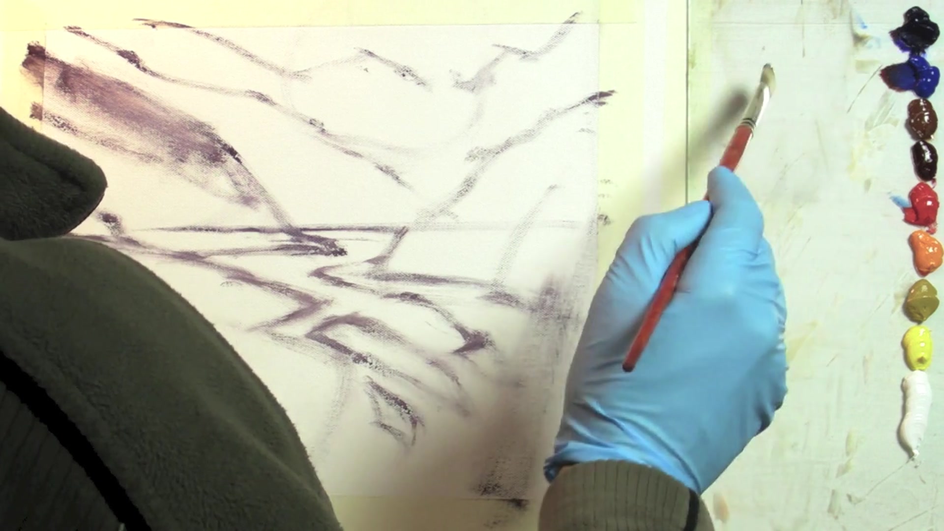 Step 7 — Painting darkest darks (video frame from the lesson)