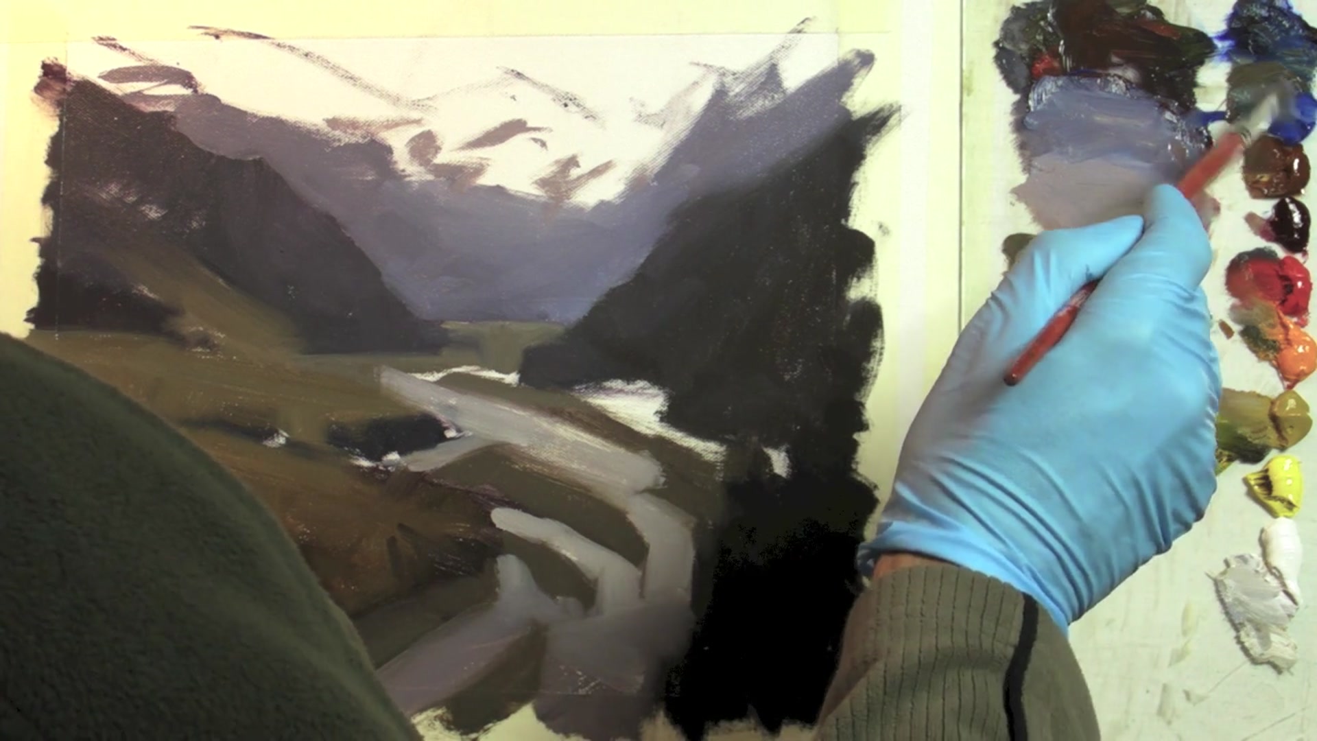 Step 12 — Light grey and mid grey relationship (video frame from the lesson)