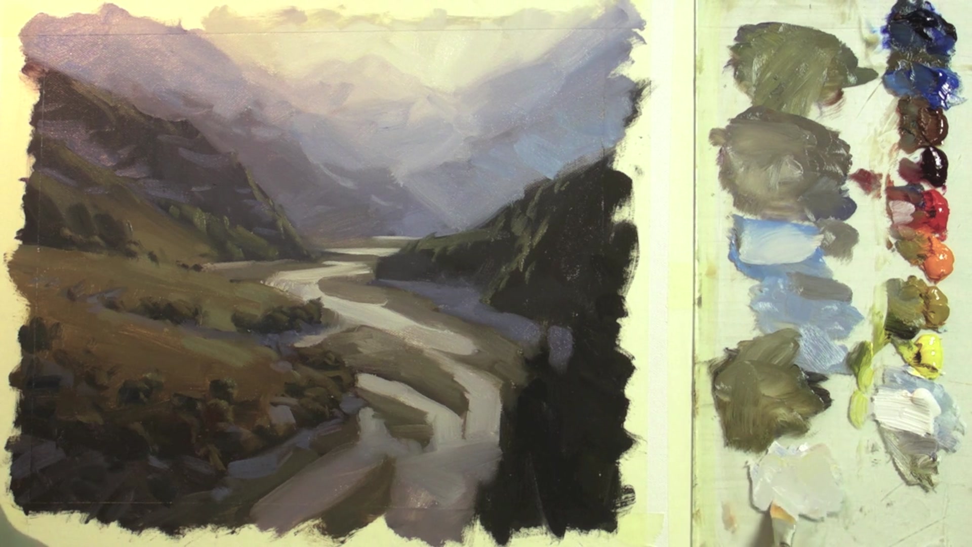 Step 16 — Snow highlights and mist (video frame from the lesson)