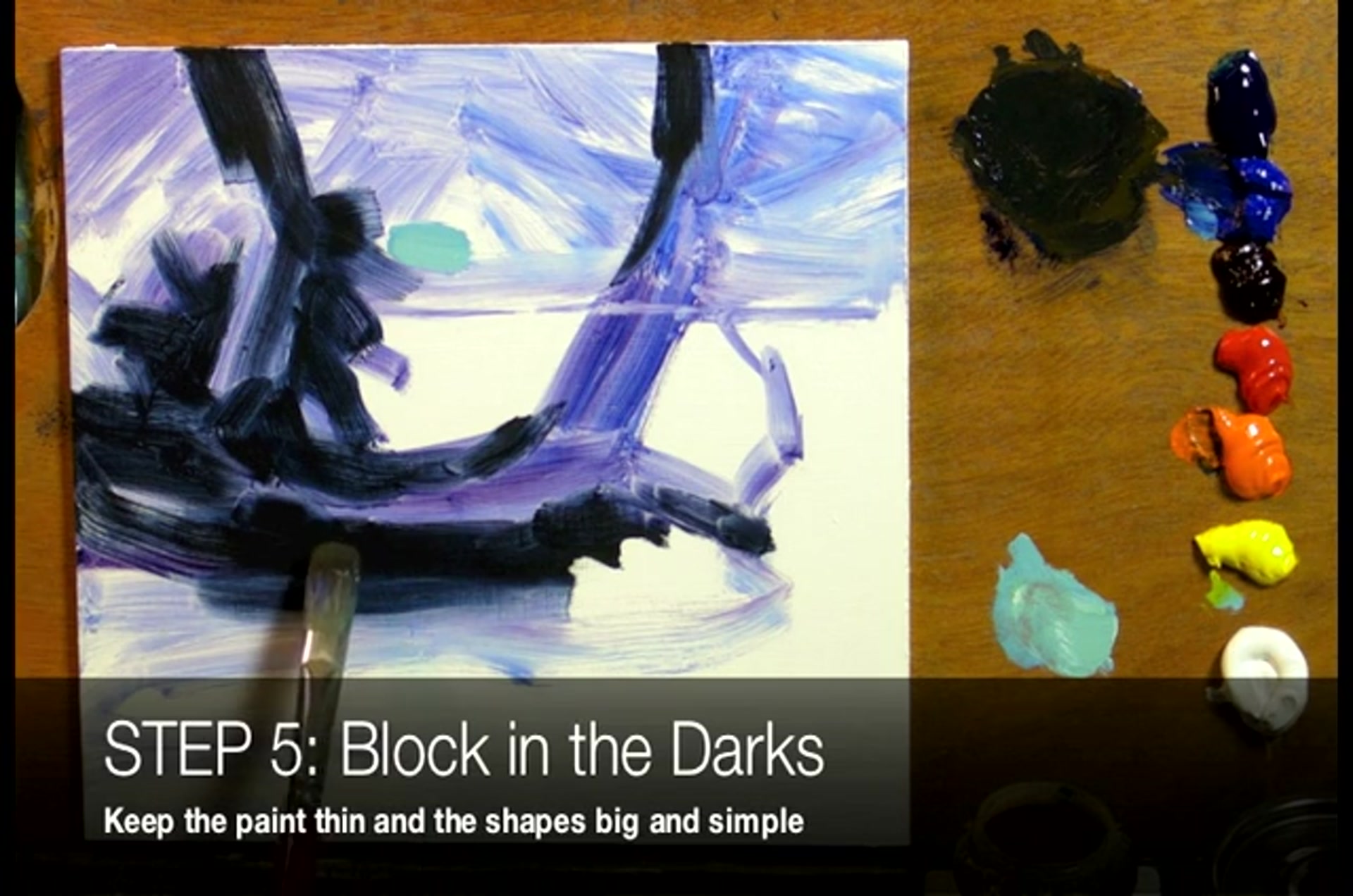Step 7 — Blocking in Darks (video frame from the lesson)