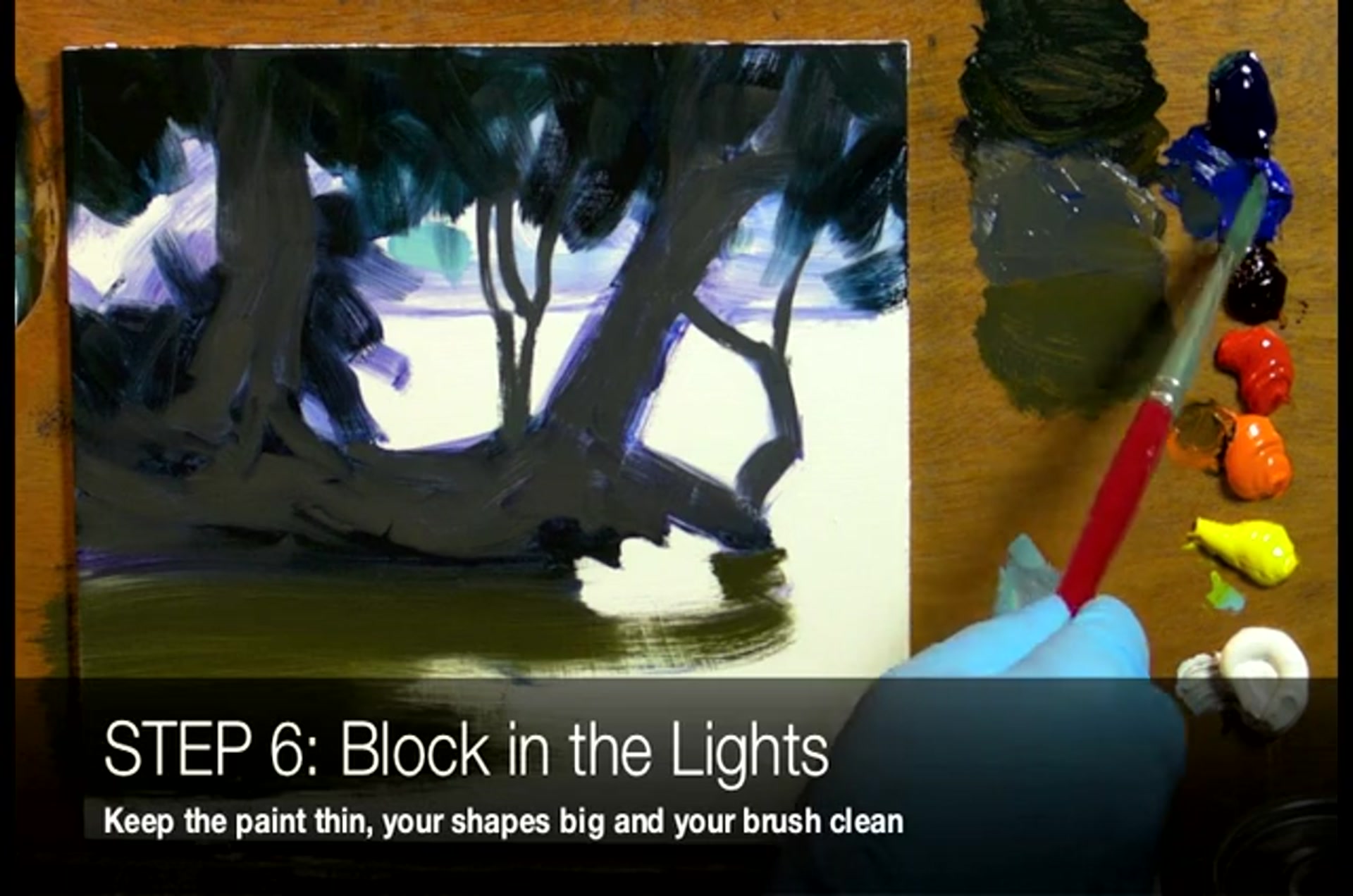 Step 8 — Blocking in Lights (video frame from the lesson)