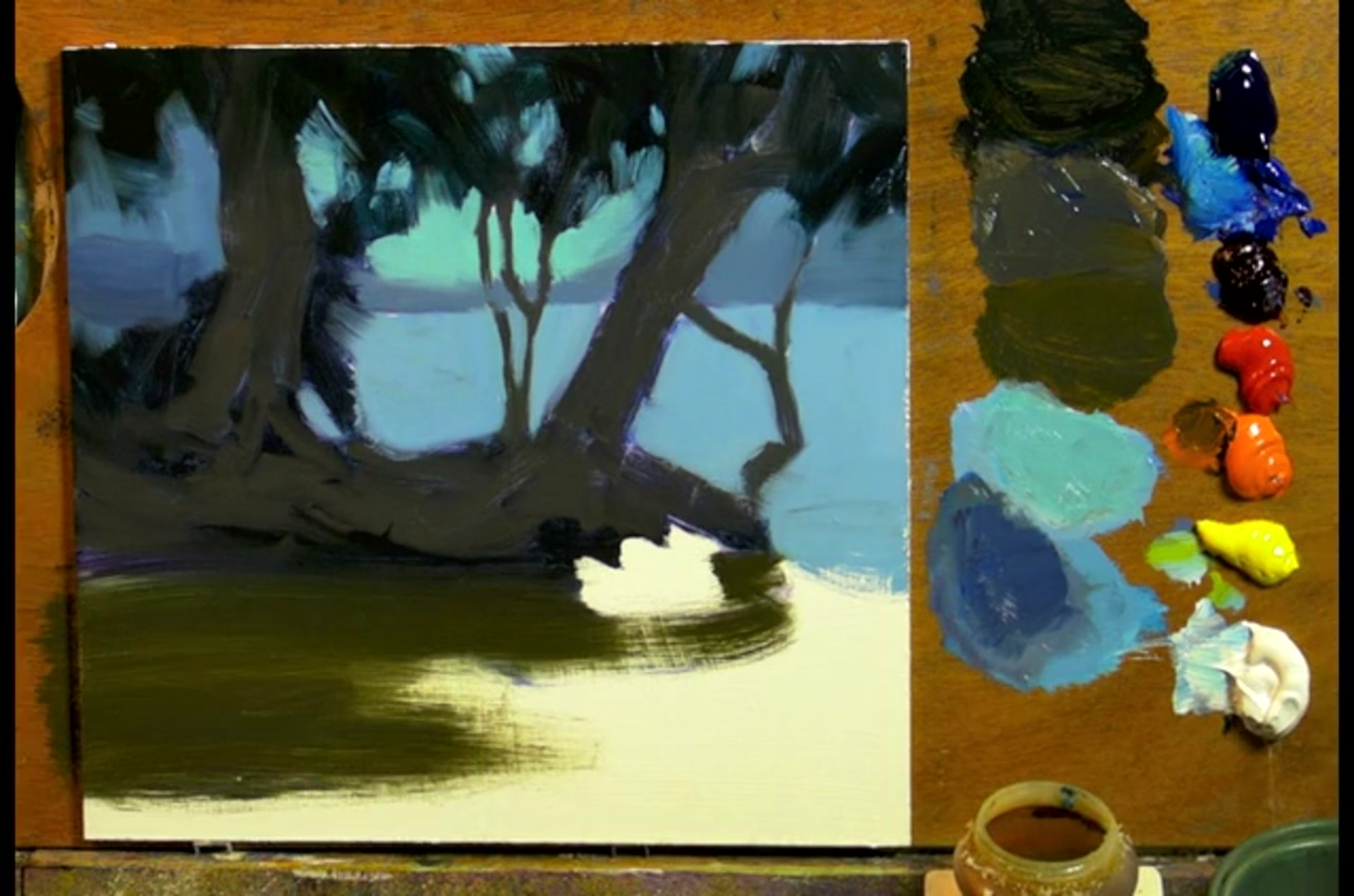 Step 9 — Planning and Painting Water (video frame from the lesson)