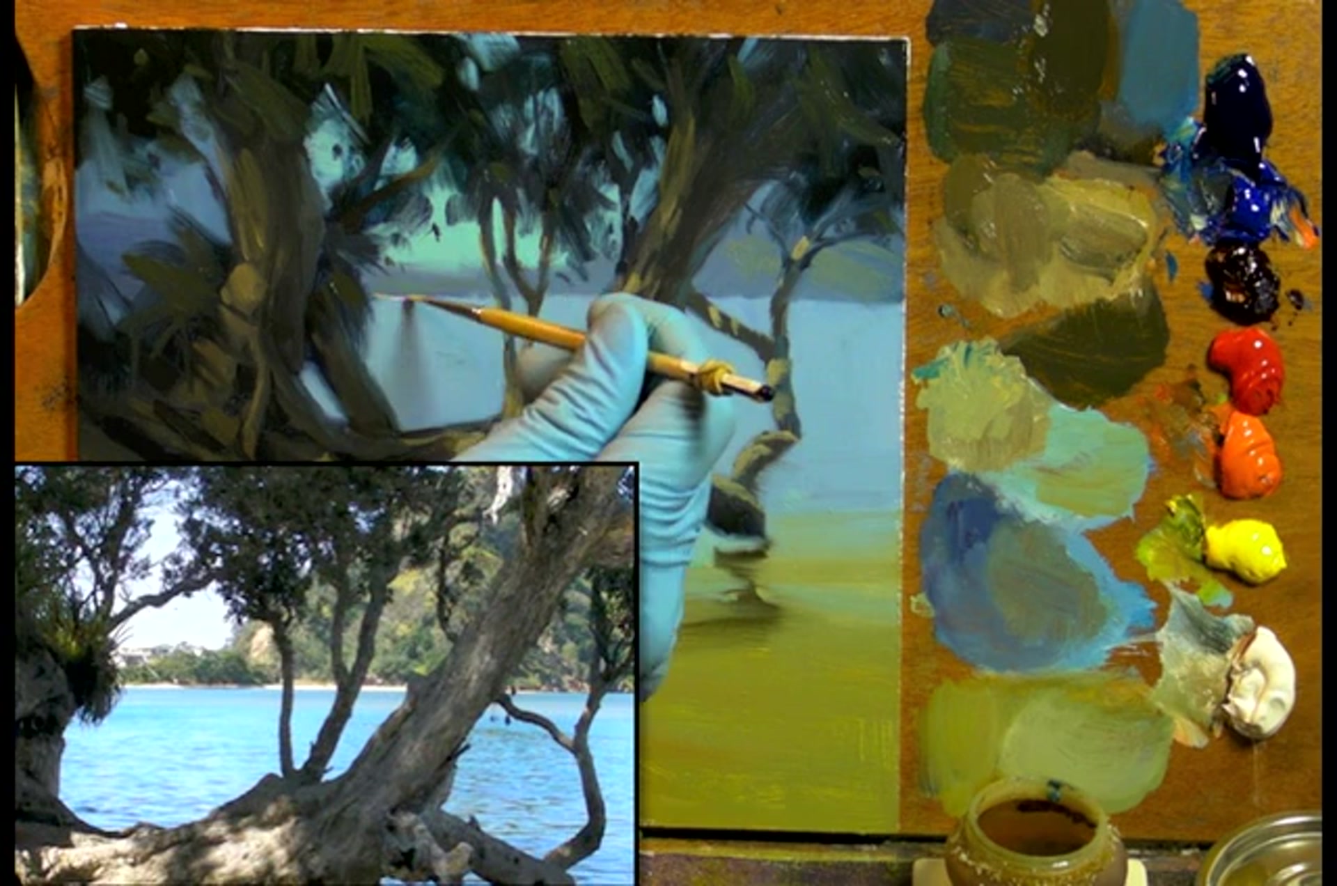 Step 18 — Painting Water Details (video frame from the lesson)