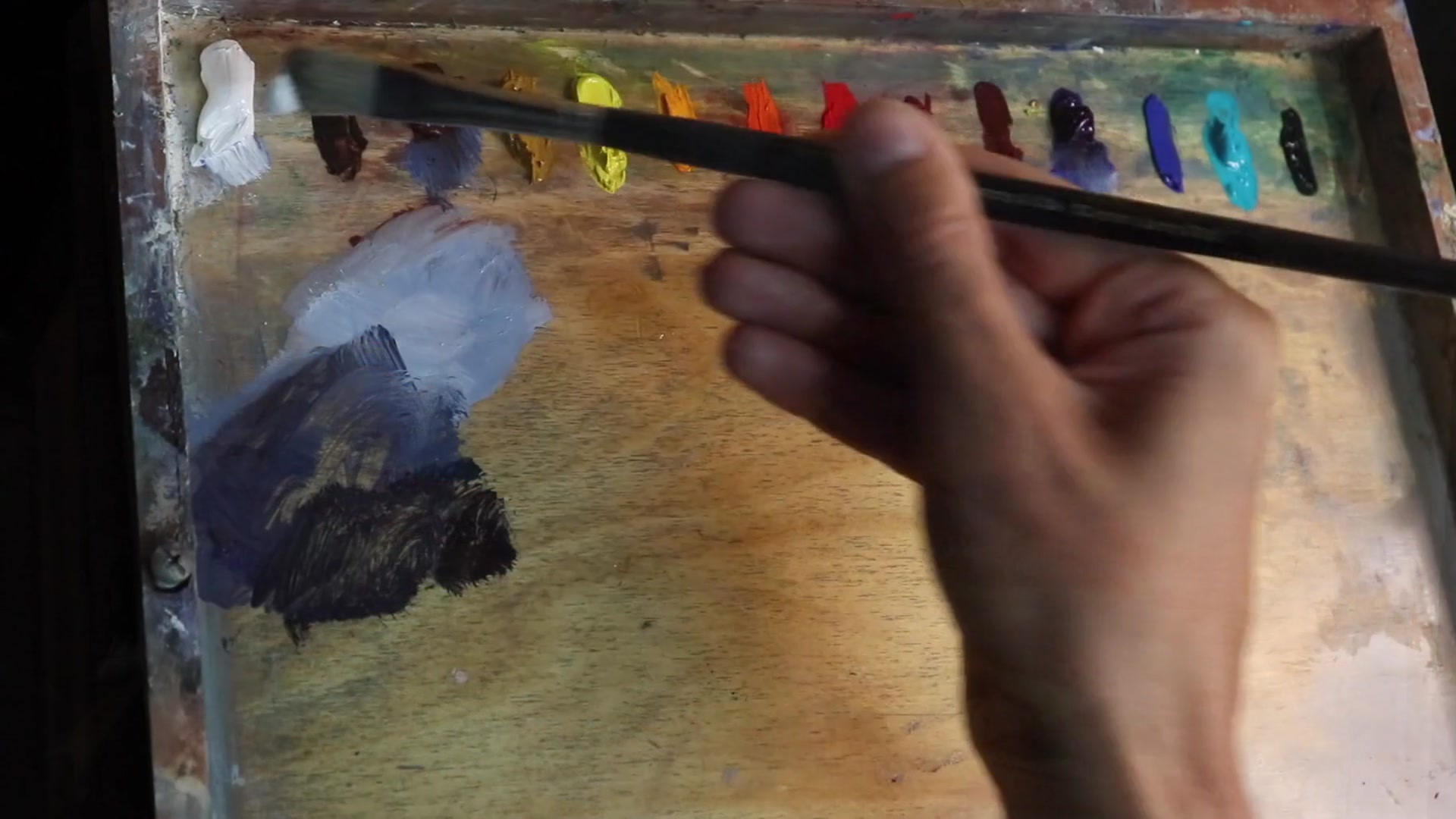 Step 6 — Painting sky and clouds (video frame from the lesson)