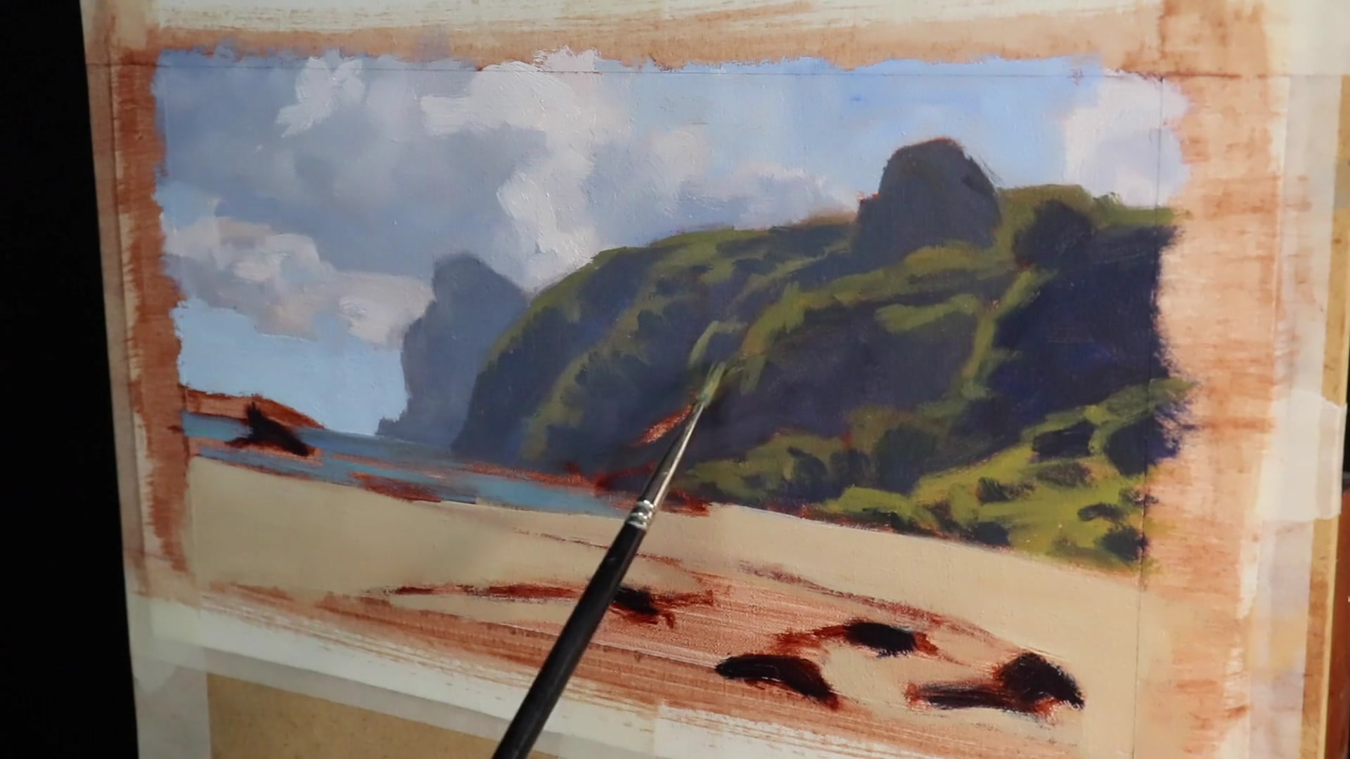 Step 11 — Mixing greens and maintaining saturation (video frame from the lesson)