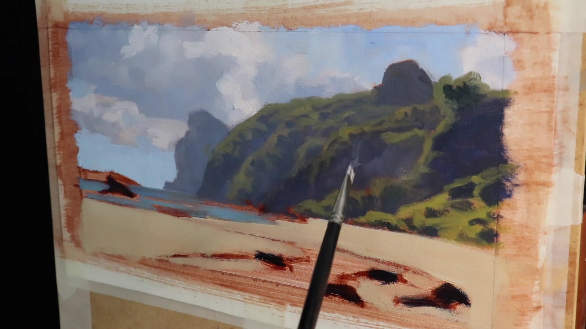 Step 12 — Detailing cliffs and rock faces (video frame from the lesson)