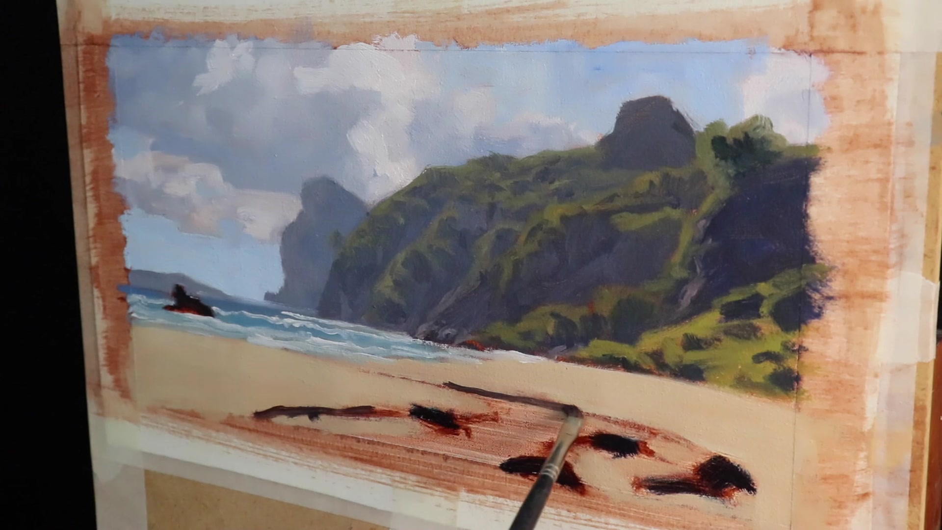 Step 14 — Blocking in the beach and stream (video frame from the lesson)