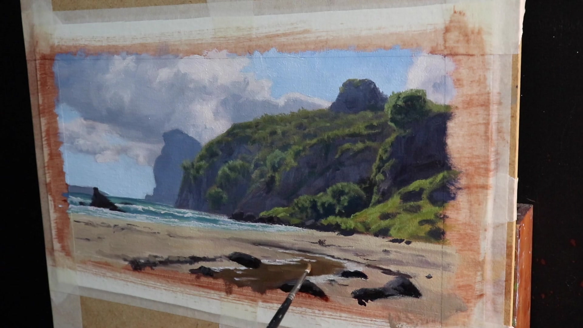 Step 19 — Final details on cliffs and foliage (video frame from the lesson)