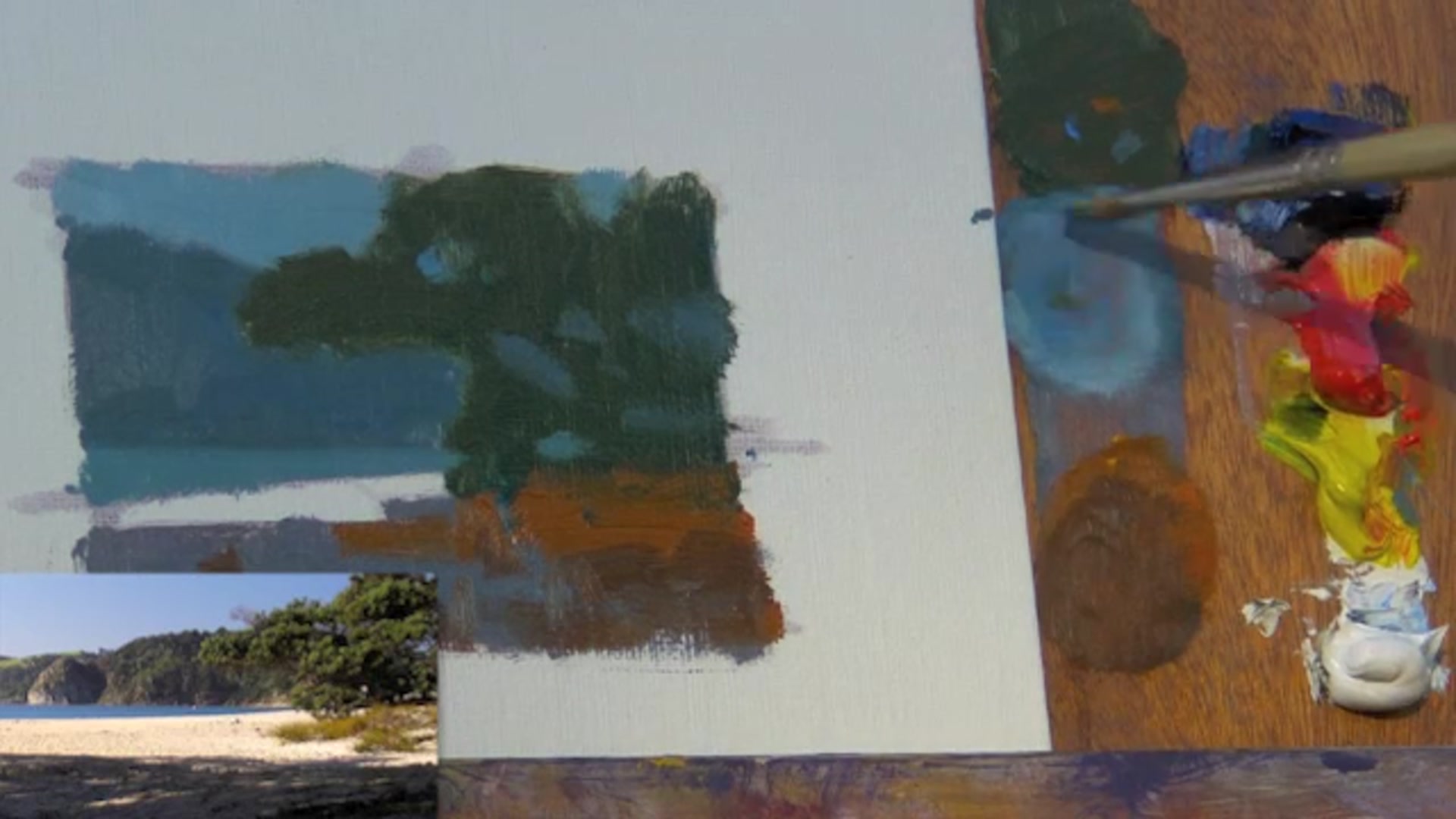 Step 9 — Painting the sunlit beach (video frame from the lesson)