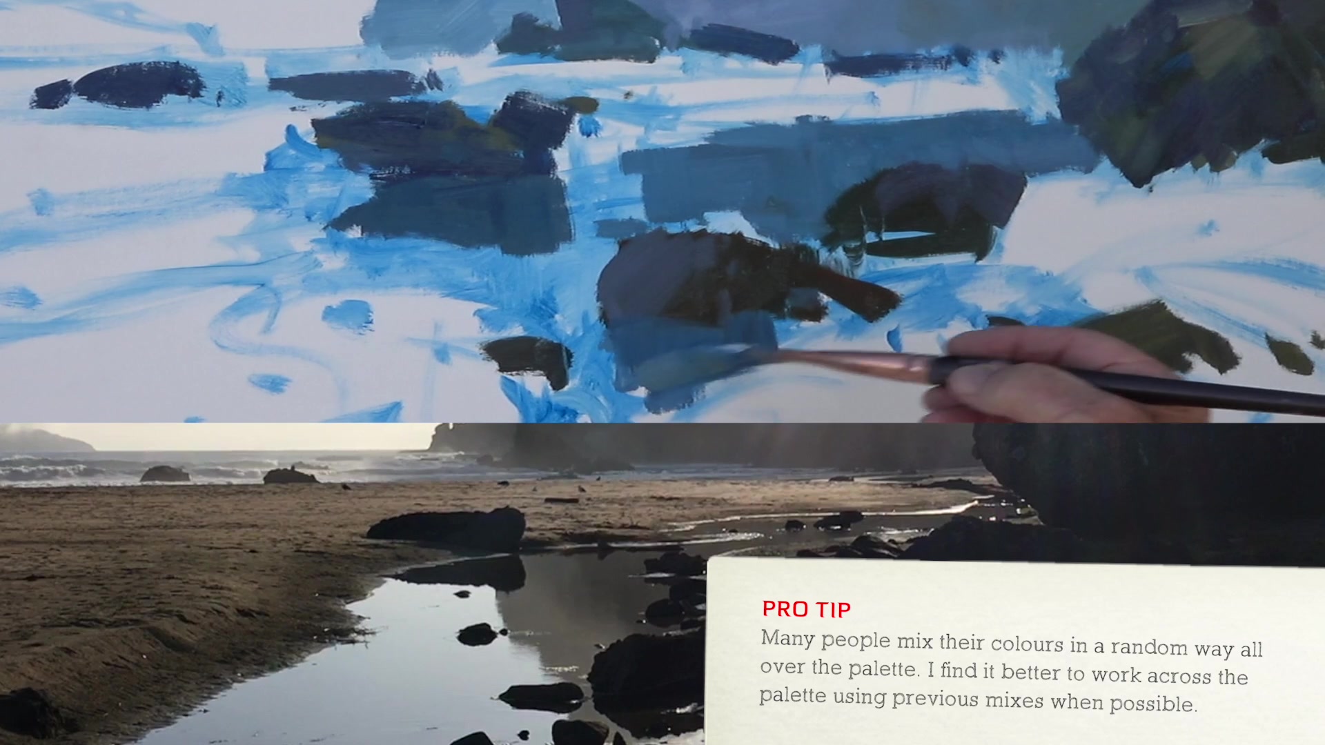 Step 6 — Water reflections and tone adjustments (video frame from the lesson)