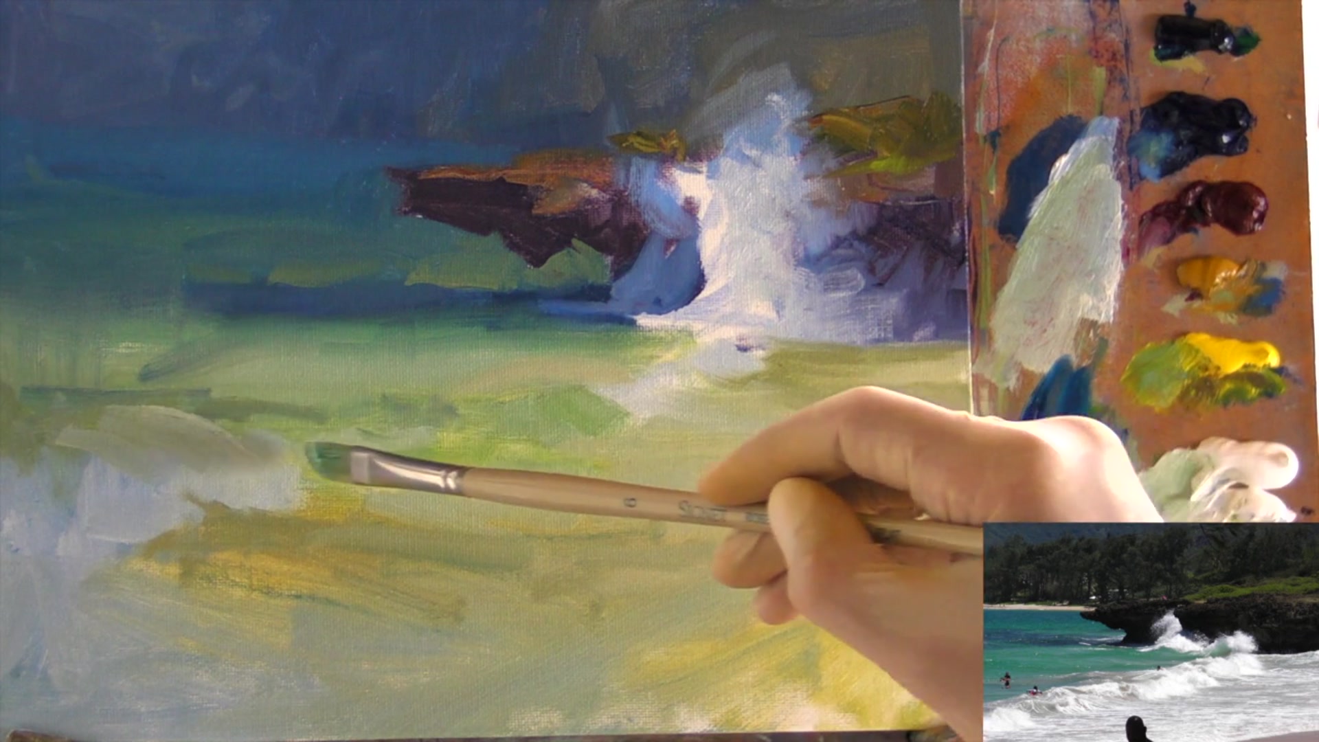 Step 13 — Simplifying and softening wave edges (video frame from the lesson)