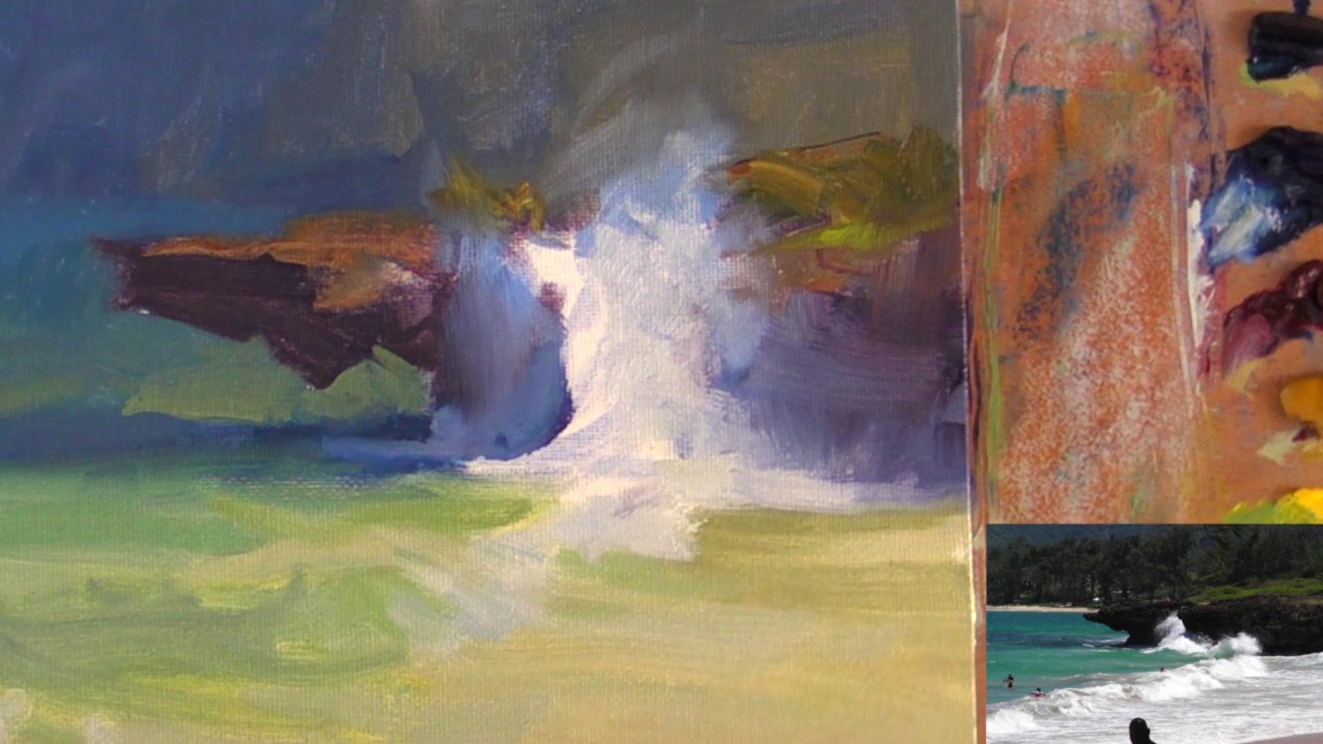 Step 15 — Highlighting waves with thick paint (video frame from the lesson)