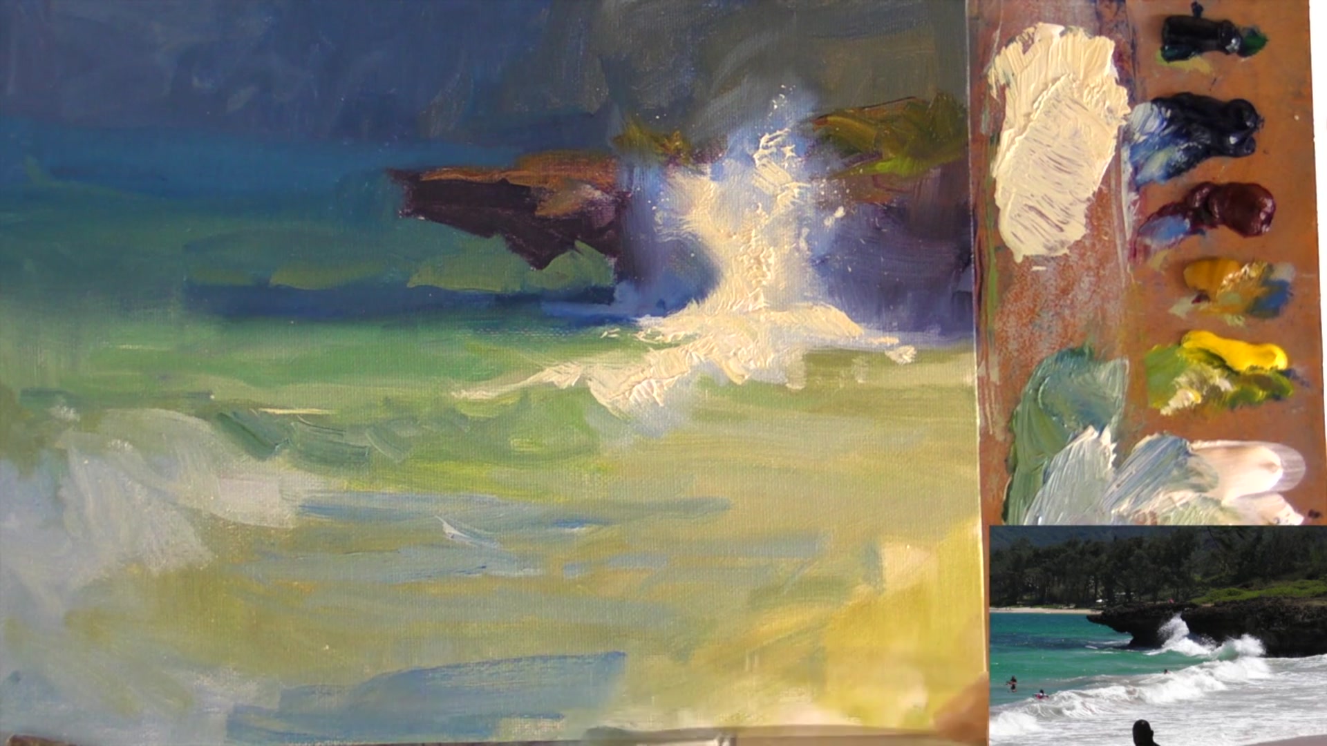 Step 17 — Foreground details and reflections (video frame from the lesson)