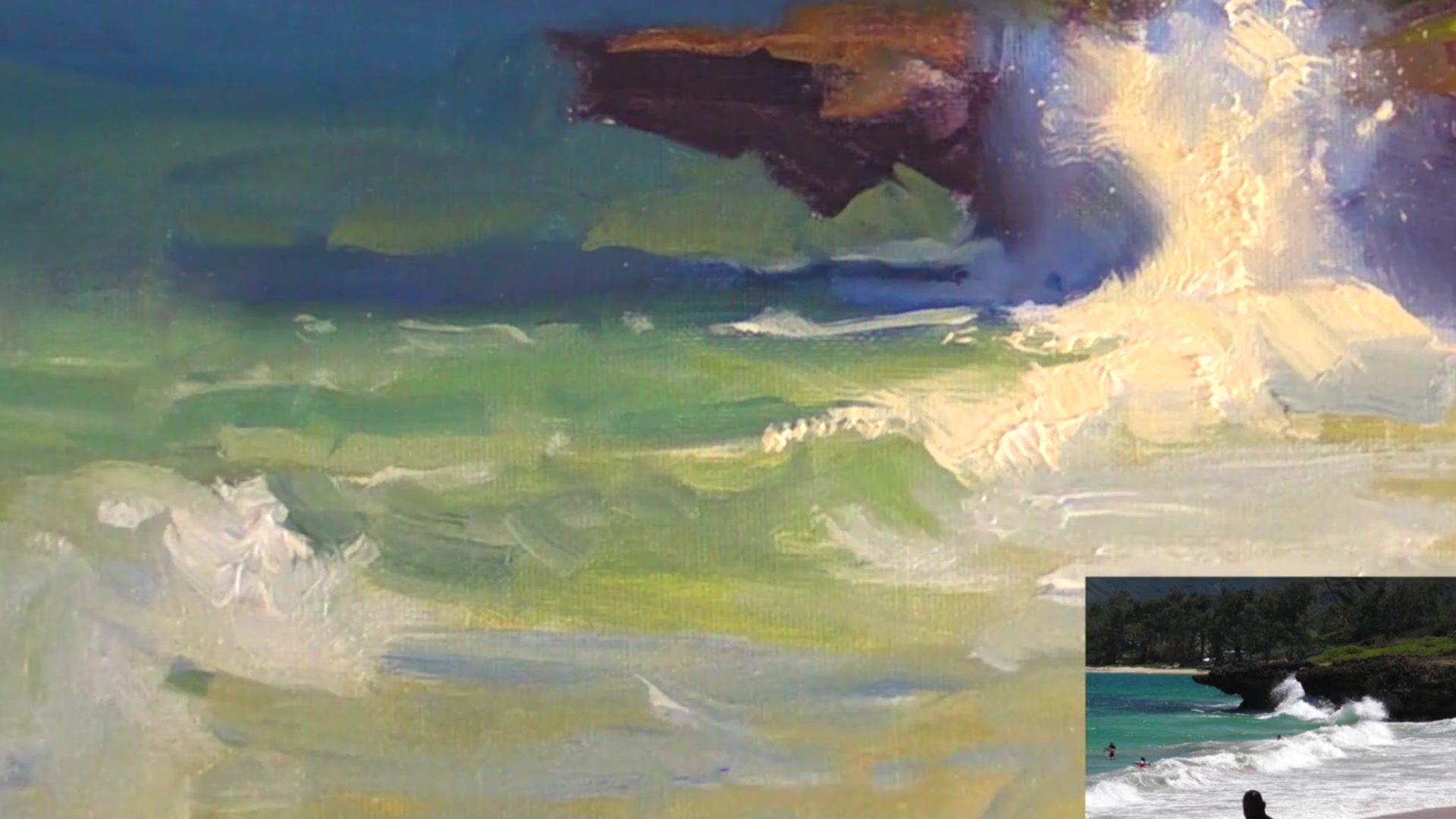 Step 18 — Detailing foam and wave form (video frame from the lesson)
