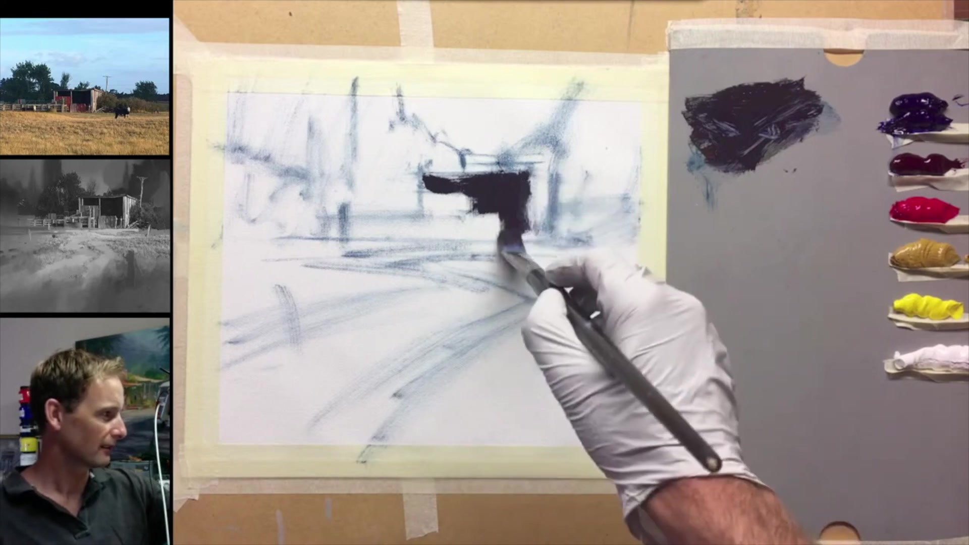 Step 8 — Blocking in Dark Areas (video frame from the lesson)