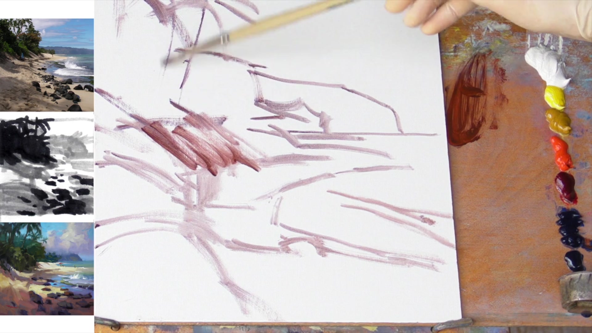 Step 4 — Blocking in dark areas (video frame from the lesson)