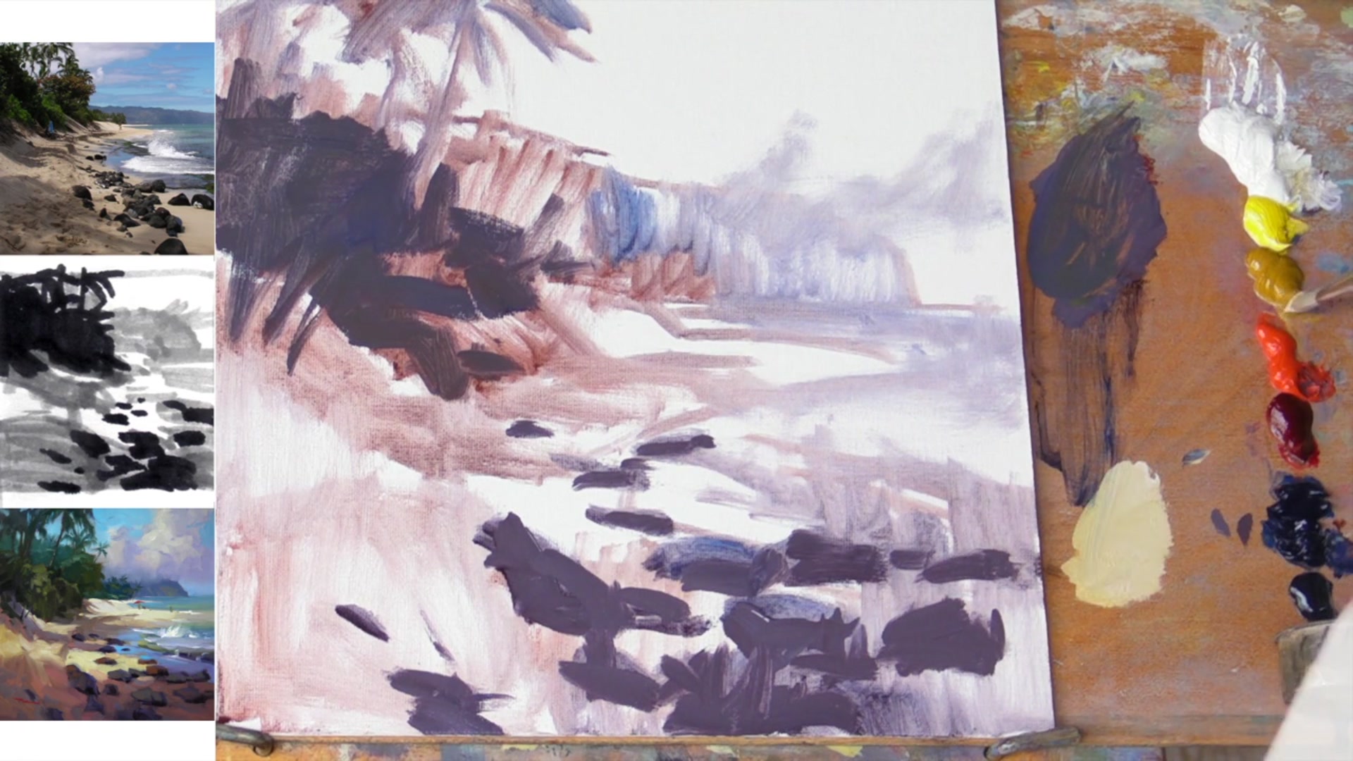 Step 5 — Blocking in light areas (video frame from the lesson)