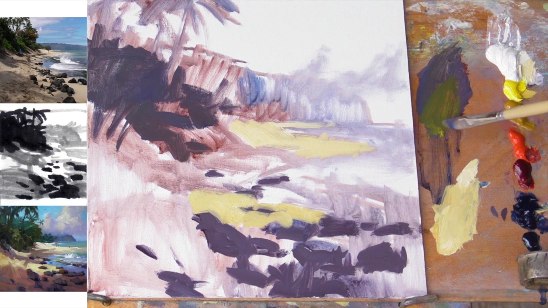 Step 6 — Foliage shadow colors (video frame from the lesson)
