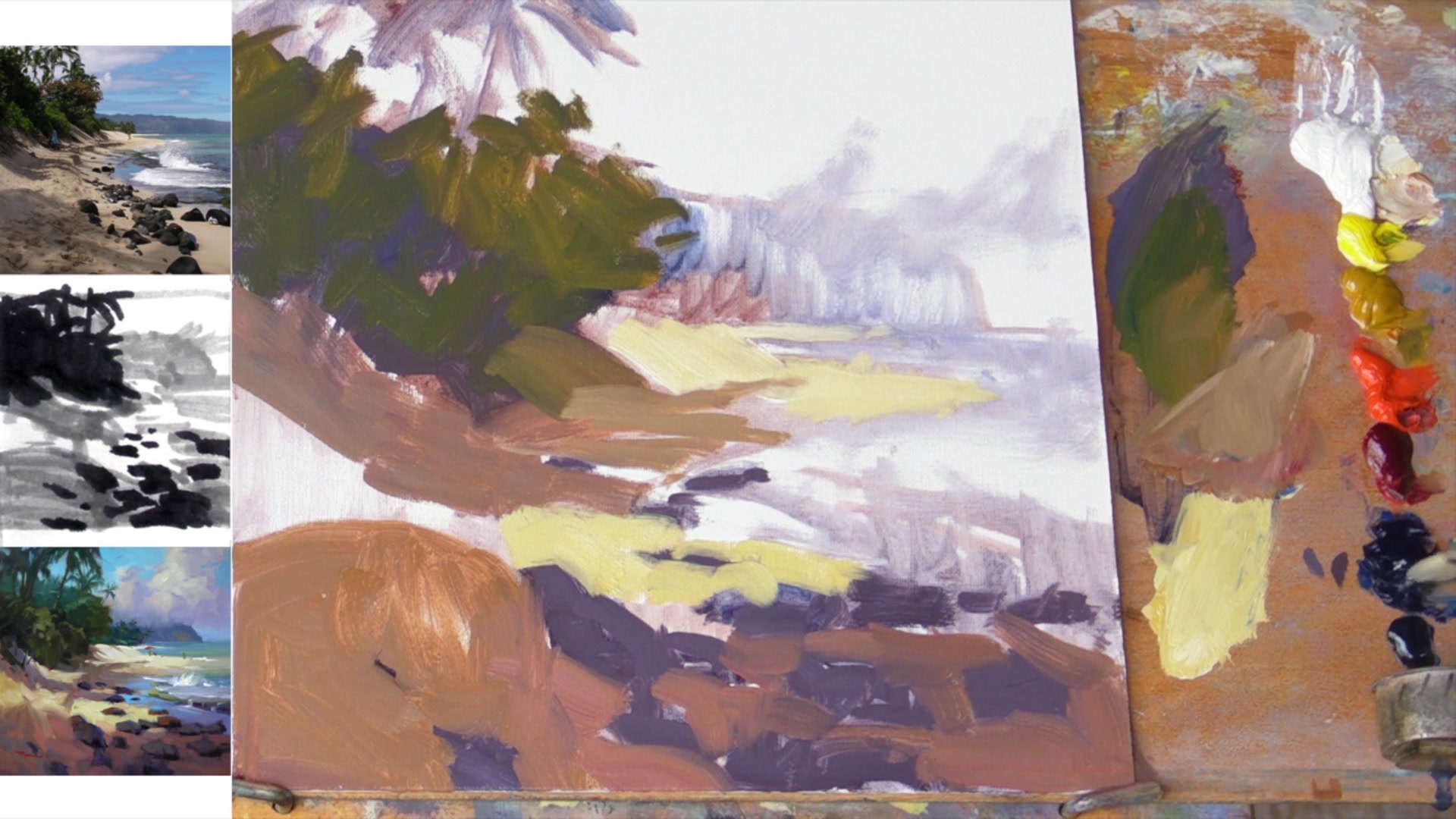 Step 8 — Foreground water and distant hills (video frame from the lesson)