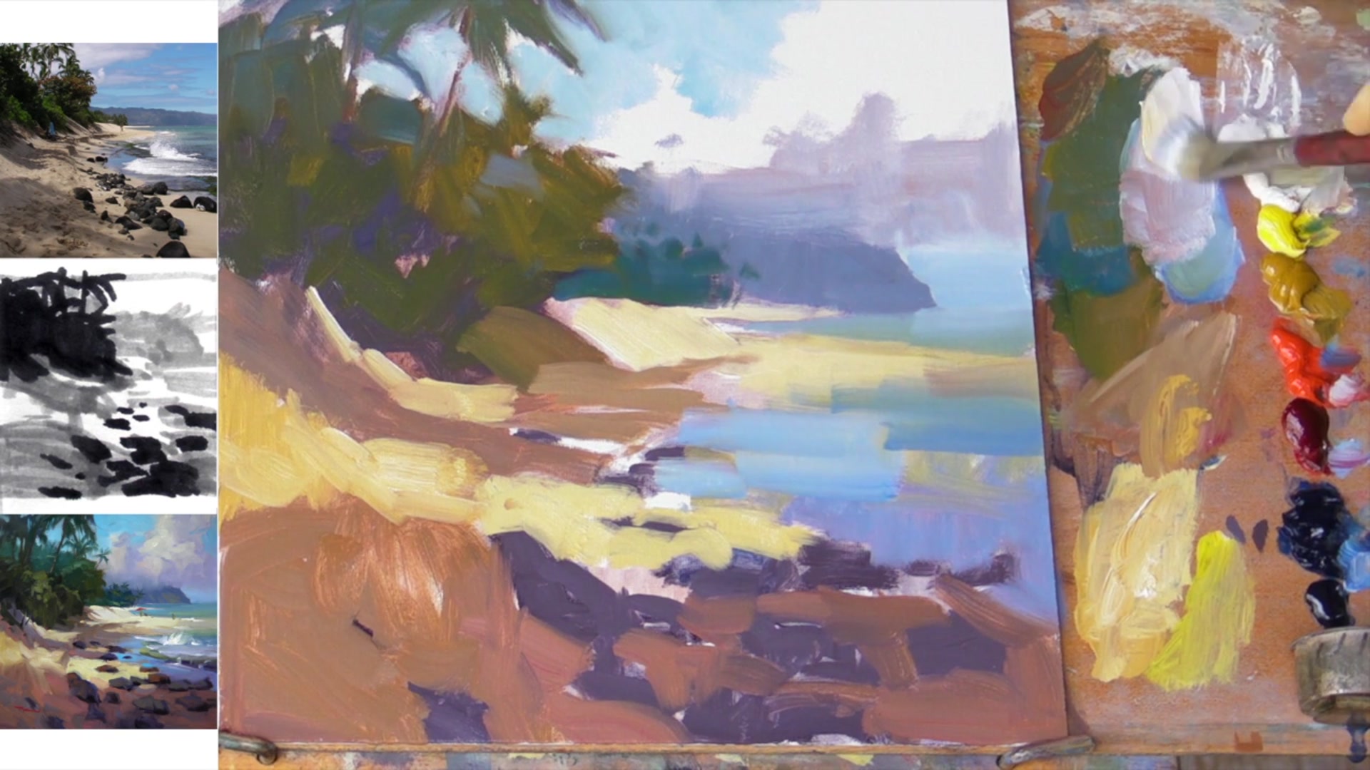 Step 11 — Painting clouds (video frame from the lesson)