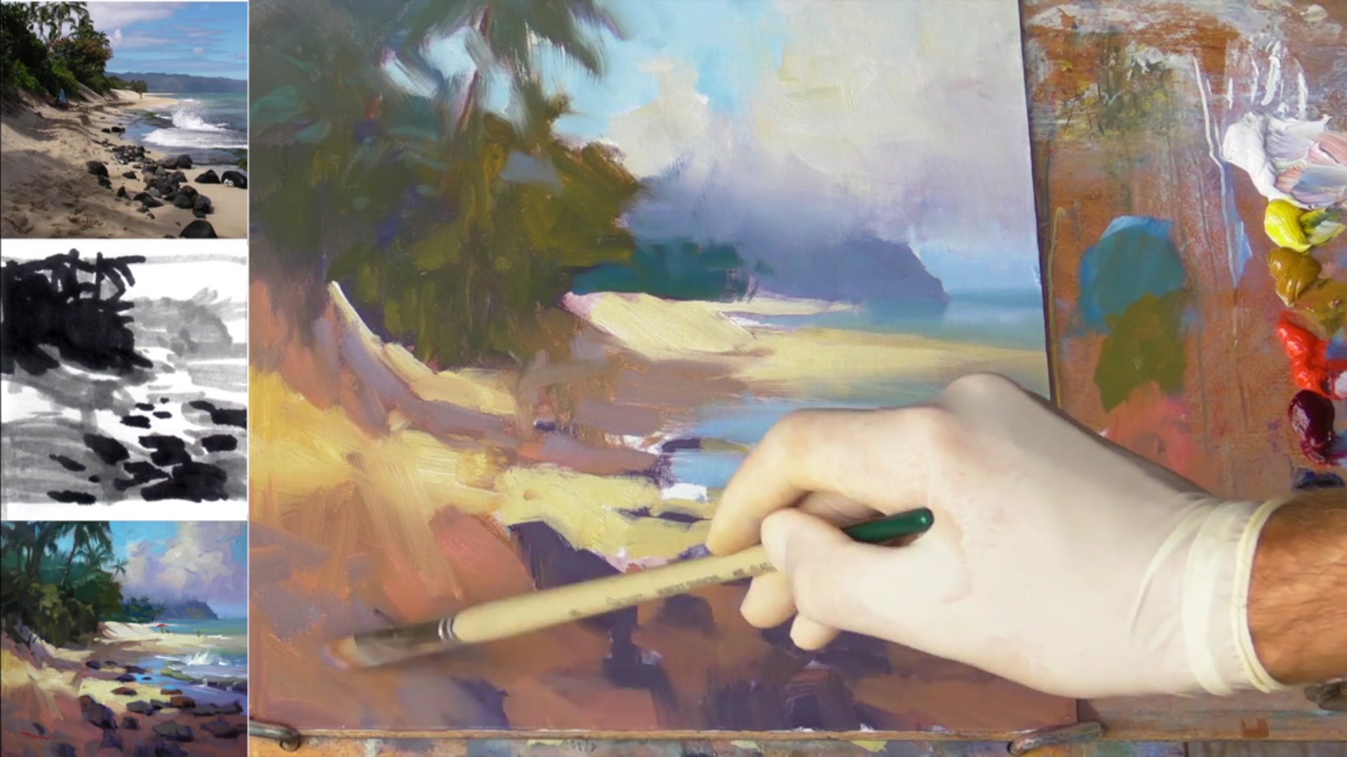 Step 14 — Foliage and palm tree details (video frame from the lesson)