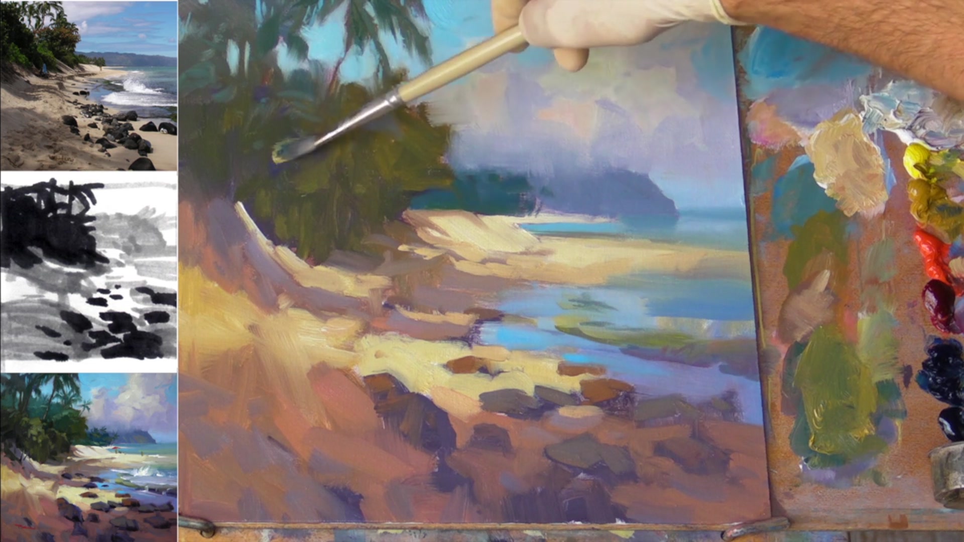 Step 15 — Final touches on rocks and foam (video frame from the lesson)