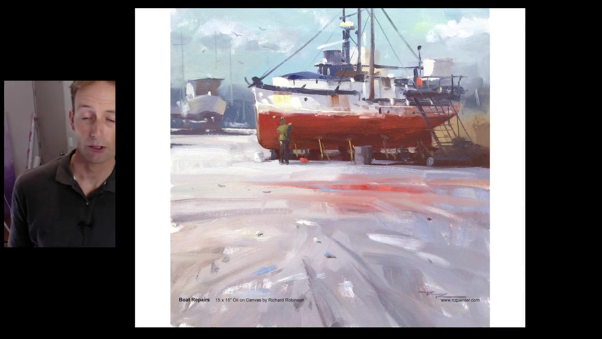 Step 4 — Painting boats and artistic choices (video frame from the lesson)