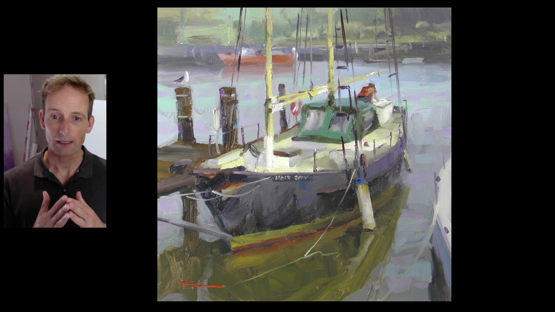 Step 5 — Boat painting inspiration (video frame from the lesson)