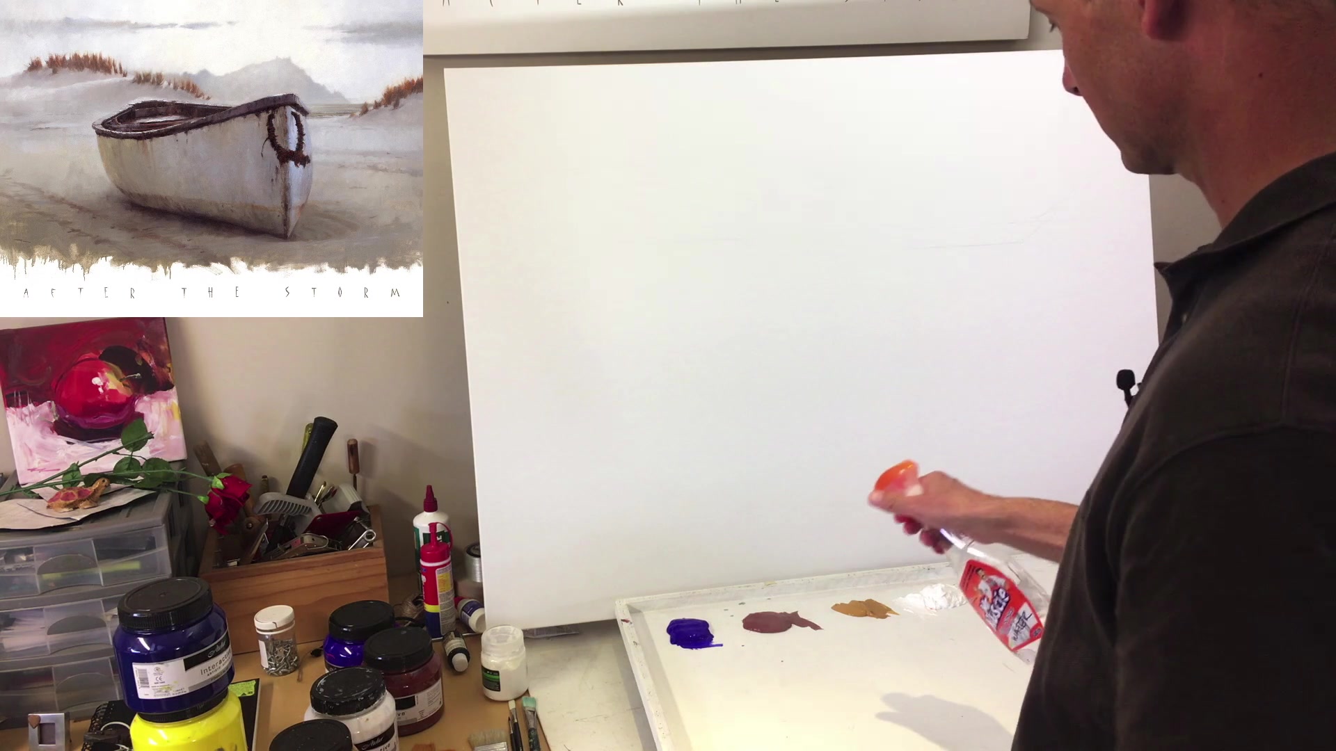 Step 8 — Brush preparation and painting order (video frame from the lesson)
