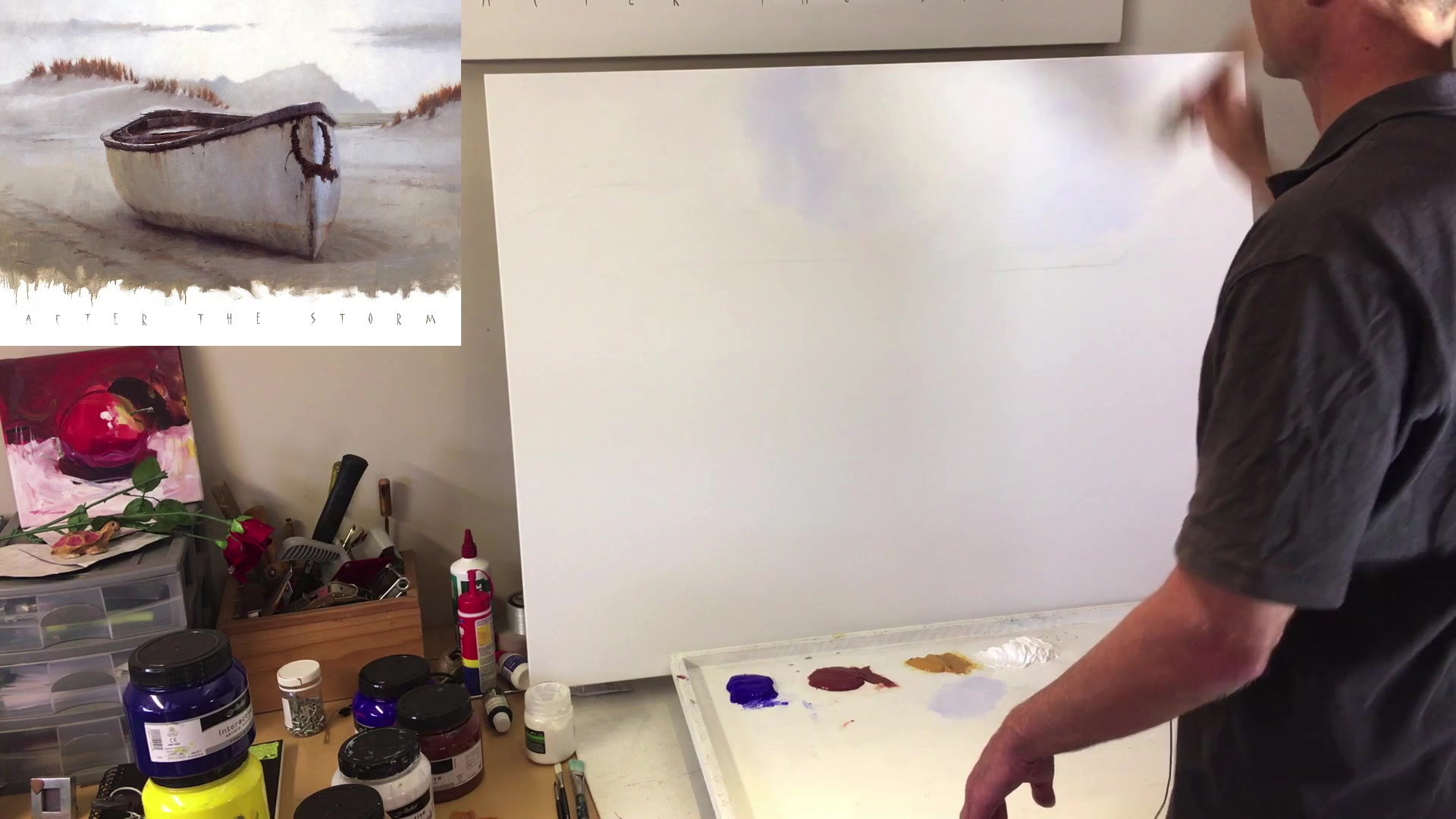 Step 12 — Color mixing and commission story (video frame from the lesson)