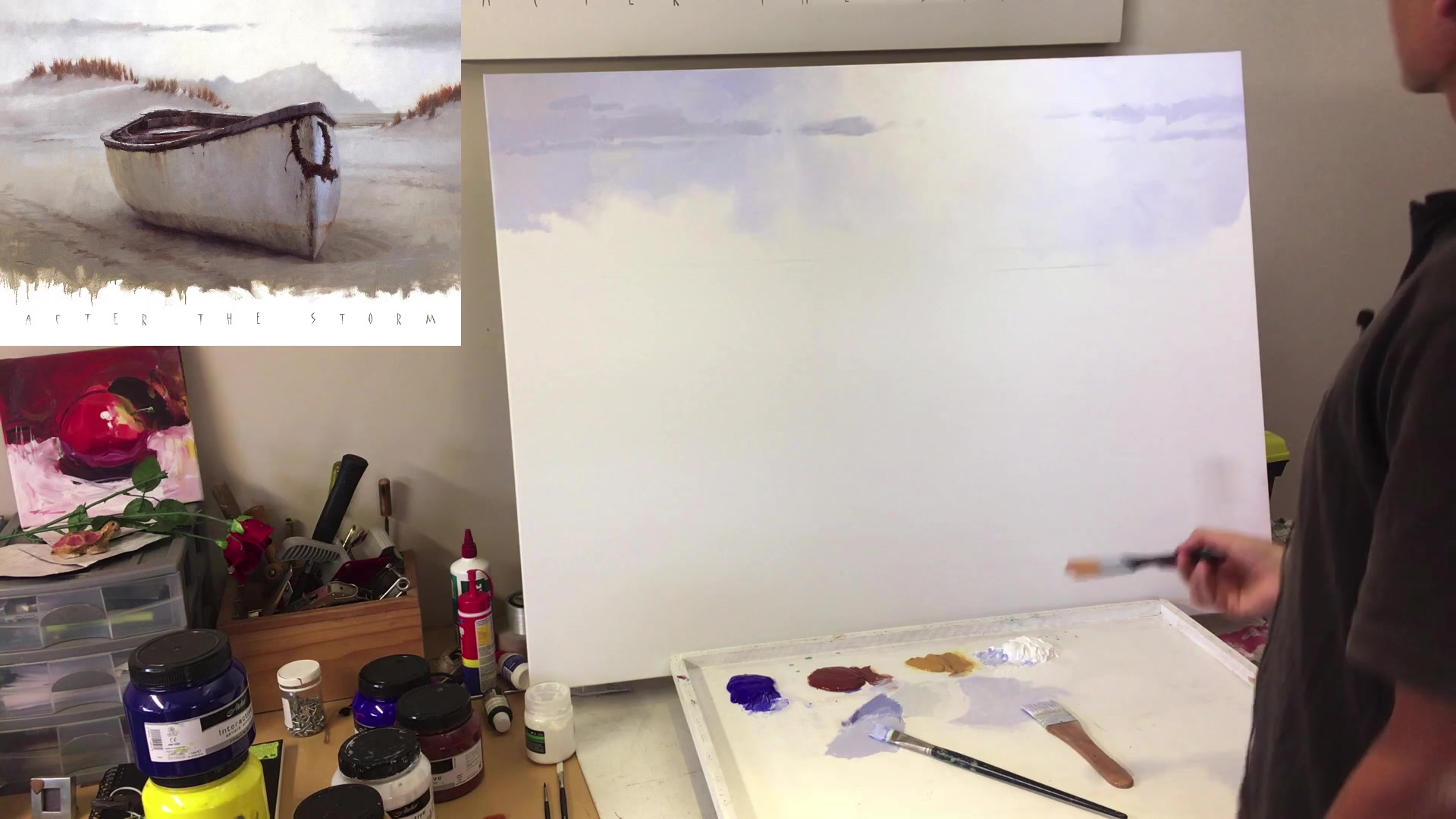 Step 15 — Mountain painting and client view (video frame from the lesson)