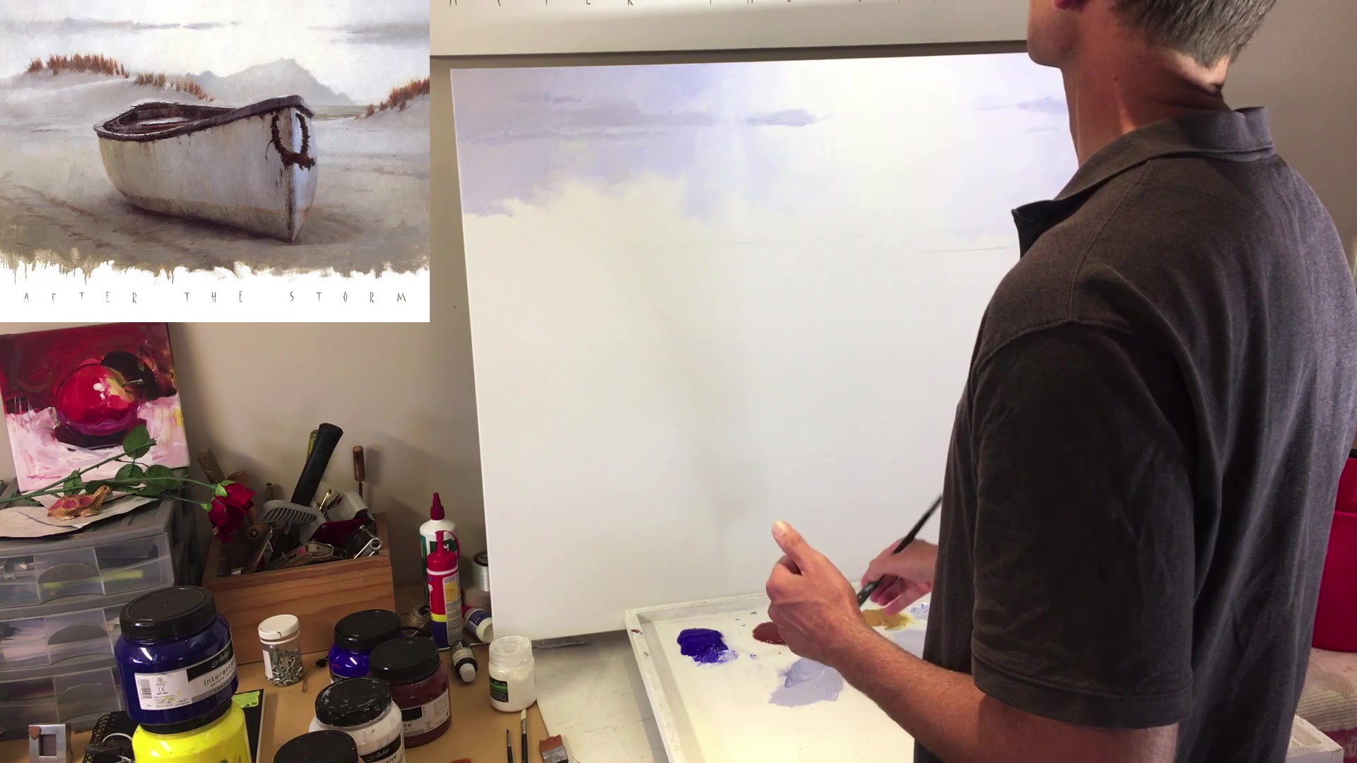 Step 16 — Mountain blending and avoiding outlines (video frame from the lesson)