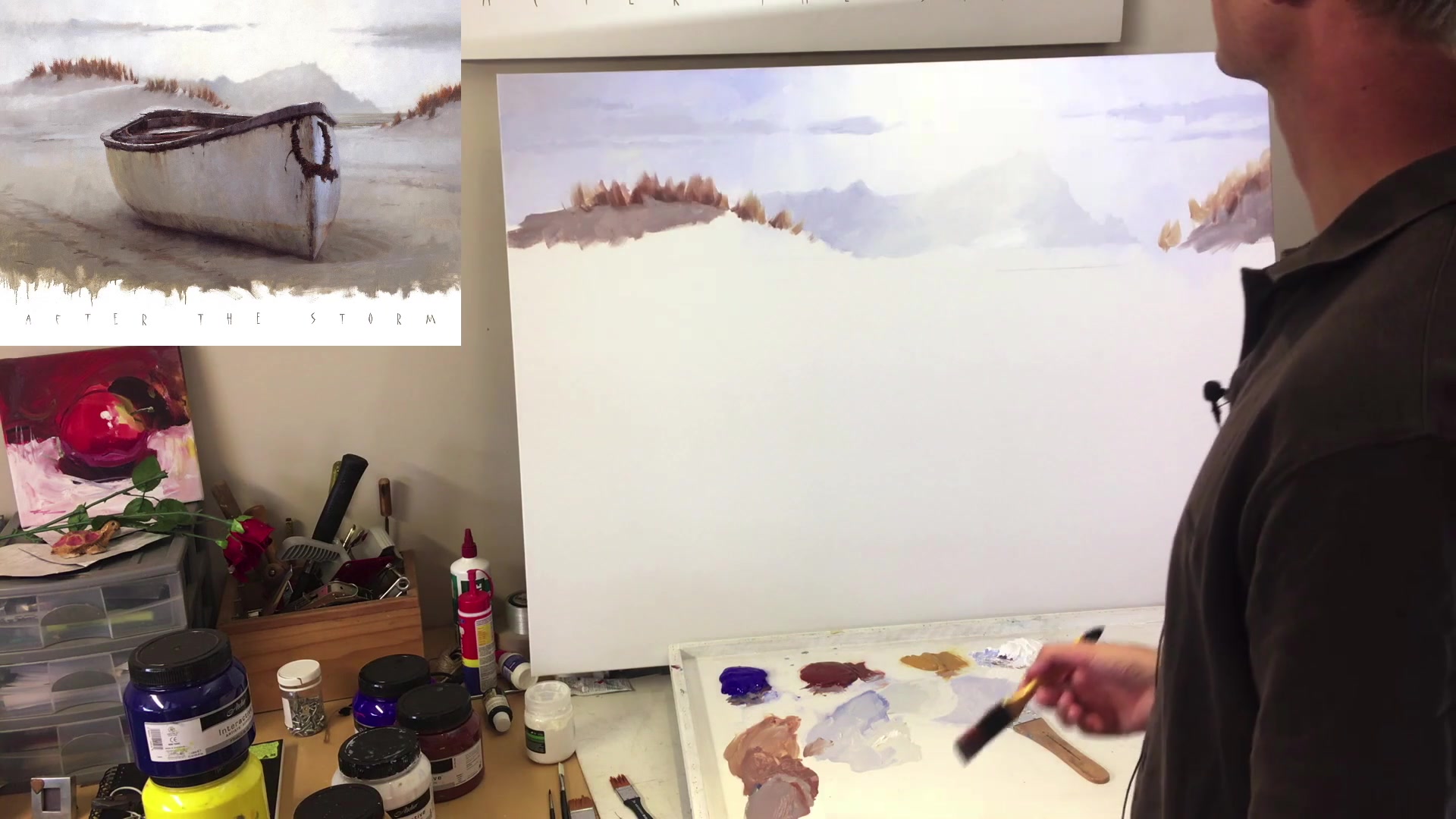 Step 21 — Grass details and drying time (video frame from the lesson)